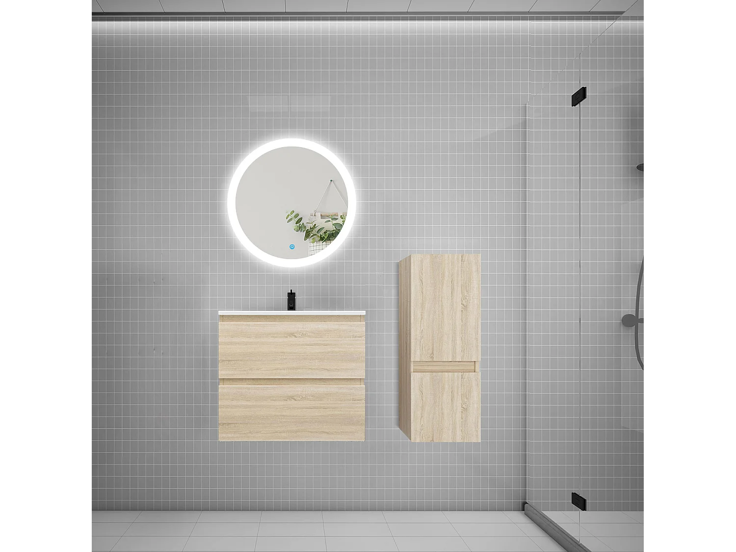 Ensemble meuble vasque L.60cm 2 tiroirs + lavabo + LED miroir rond 60cm + colonne,chêne A