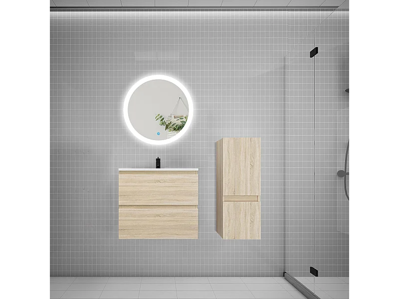 Ensemble meuble vasque L.60cm 2 tiroirs + lavabo + LED miroir rond 60cm + colonne,chêne A