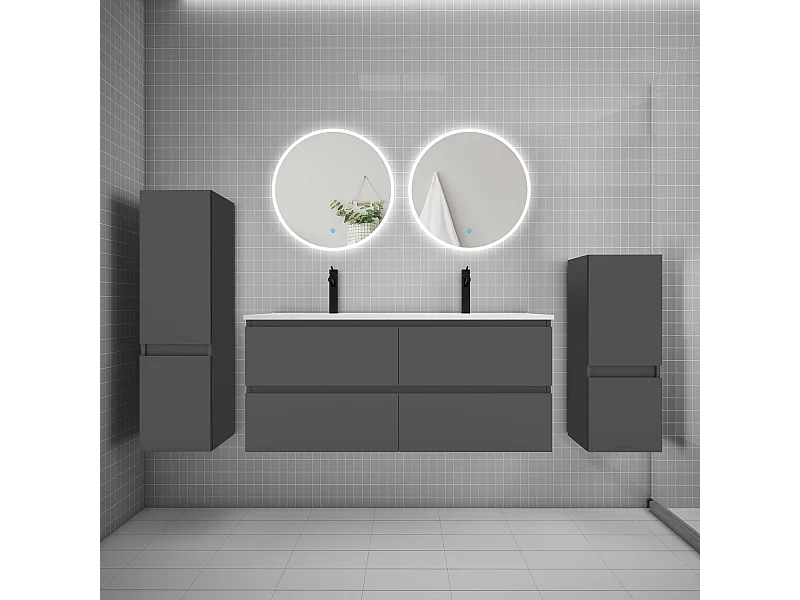 AICA Ensemble meuble de salle de bain double Vasque L.120cm 4 tiroirs + lavabo + 2*LED Miroirs Rond 60cm + 2*Colonne, Anthracite