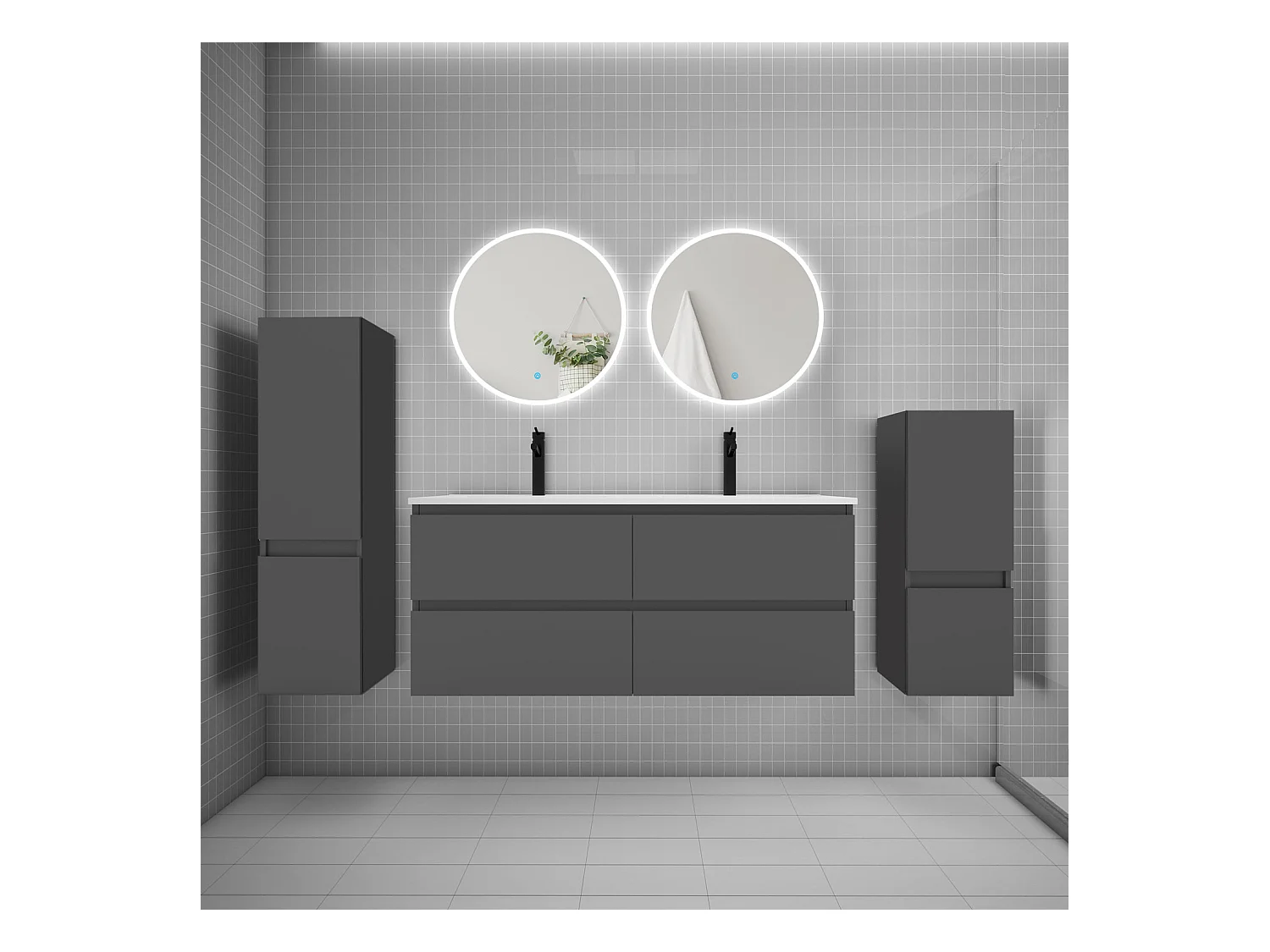 AICA Ensemble meuble de salle de bain double Vasque L.120cm 4 tiroirs + lavabo + 2*LED Miroirs Rond 60cm + 2*Colonne, Anthracite