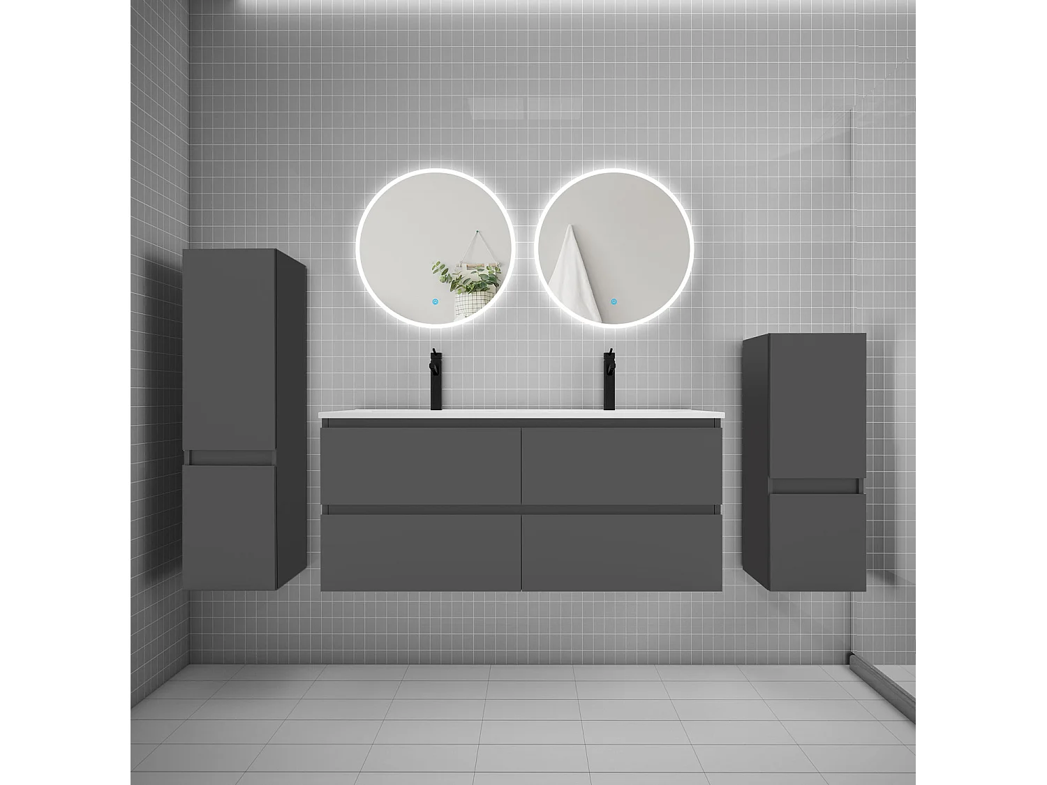 Ensemble meuble double vasque L.120cm 4 tiroirs + lavabo + 2*LED miroirs rond 60cm + 2*colonne,anthracite