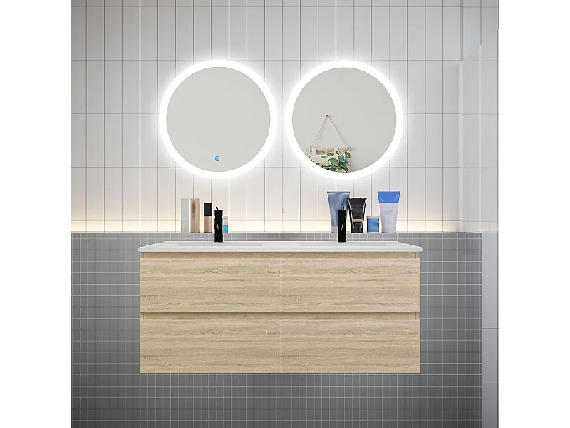 AICA Ensemble meuble de salle de bain double Vasque 120cm avec 4 tiroirs + lavabo + 2*LED Miroirs Rond 60cm, Chêne