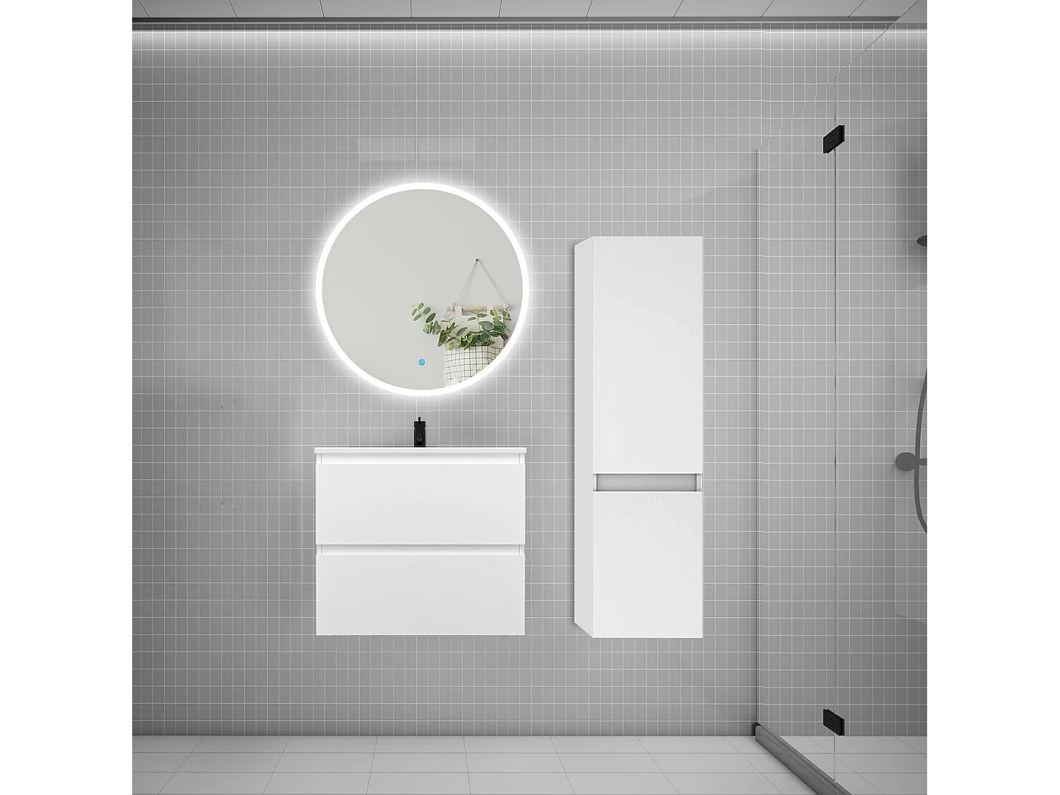 Ensemble meuble vasque L.60cm 2 tiroirs + lavabo + LED miroir rond 70cm + colonne A,blanc