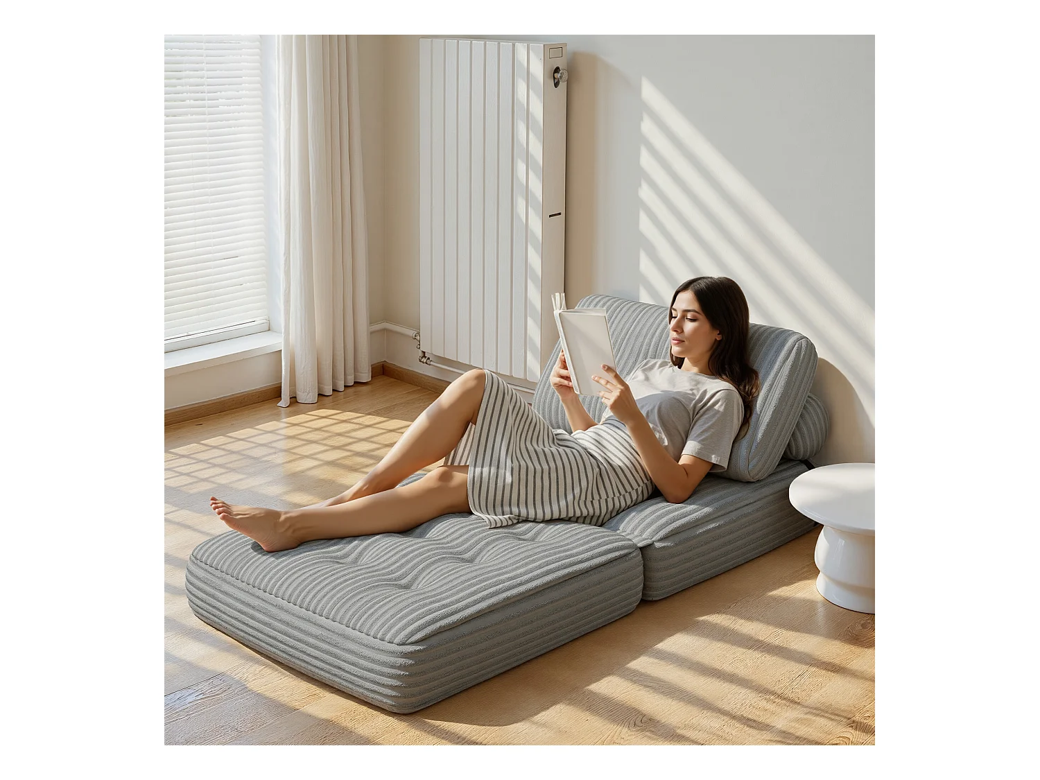 Canapé Convertible Fauteuil Lit 1 Place Dossier Sans Installation Gris clair Velours Côtelé 85x85cm