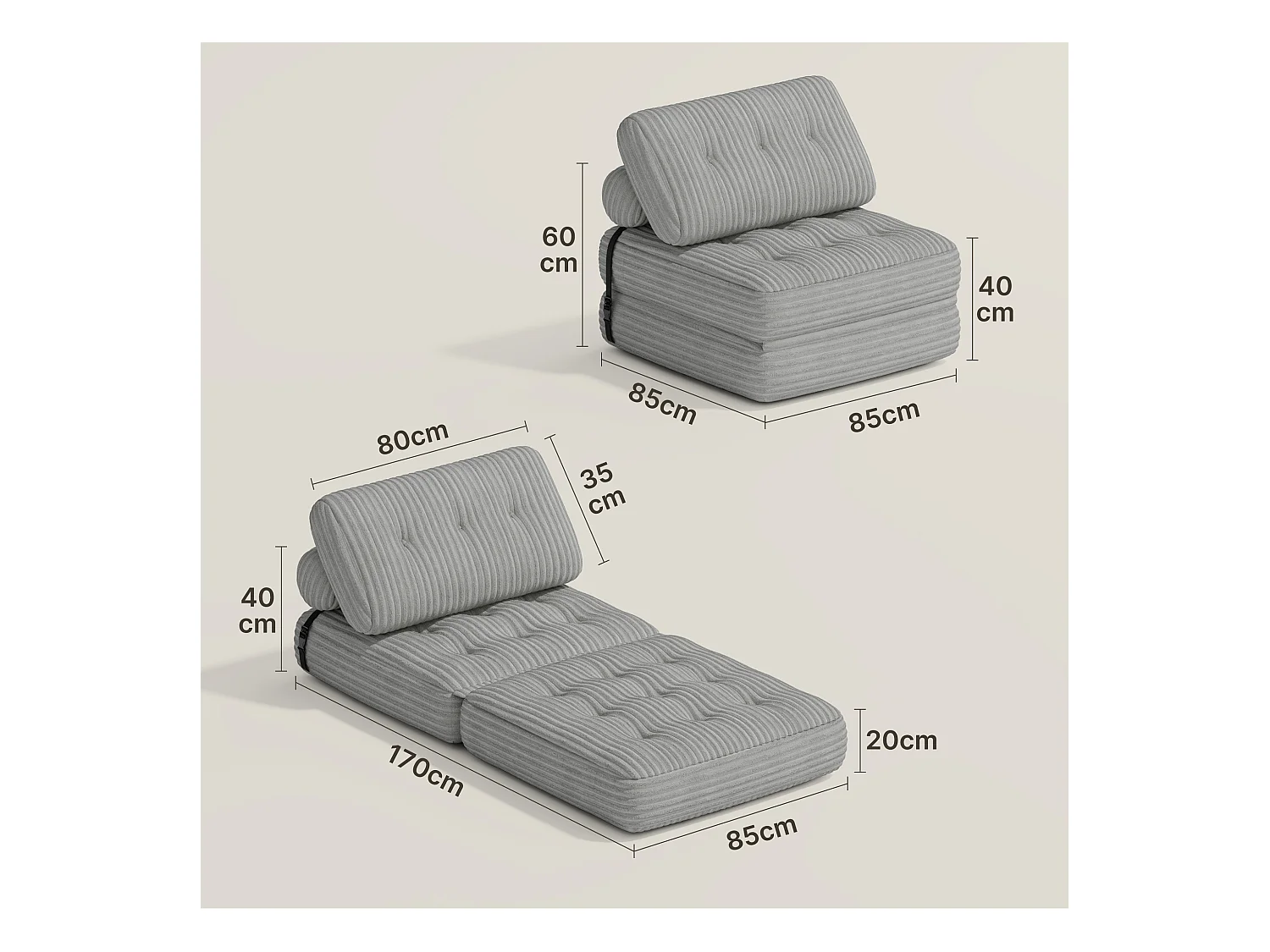 Canapé Convertible Fauteuil Lit 1 Place Dossier Sans Installation Gris clair Velours Côtelé 85x85cm