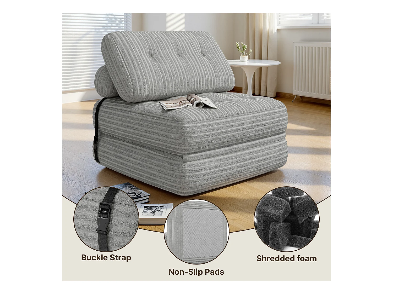 Canapé Convertible Fauteuil Lit 1 Place Dossier Sans Installation Gris clair Velours Côtelé 85x85cm