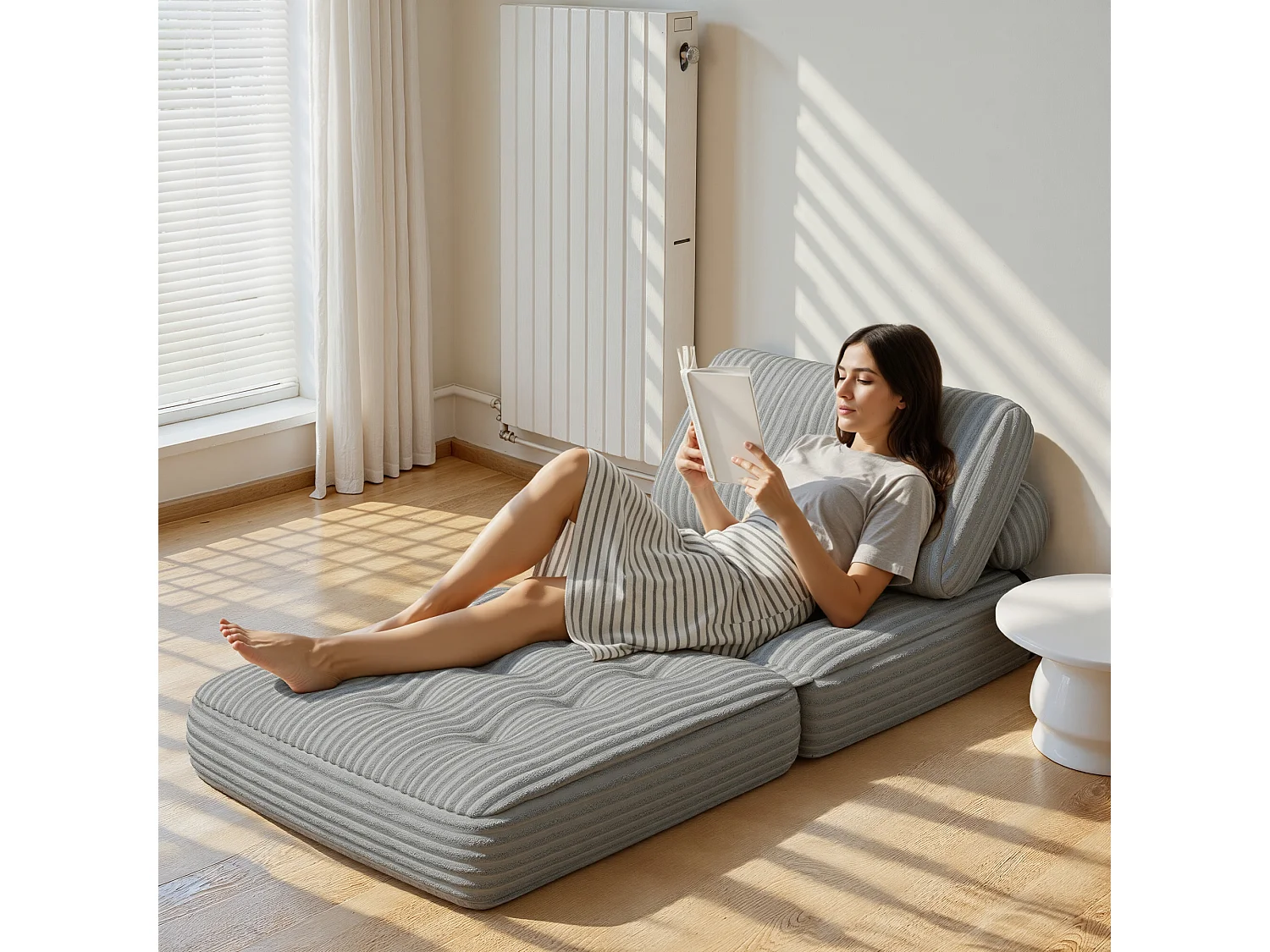 Canapé Convertible Fauteuil Lit 1 Place Dossier Sans Installation Gris clair Velours Côtelé 85x85cm