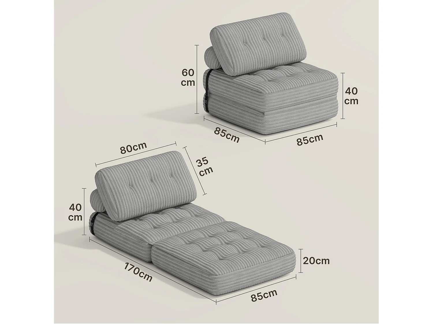 Canapé Convertible Fauteuil Lit 1 Place Dossier Sans Installation Gris clair Velours Côtelé 85x85cm