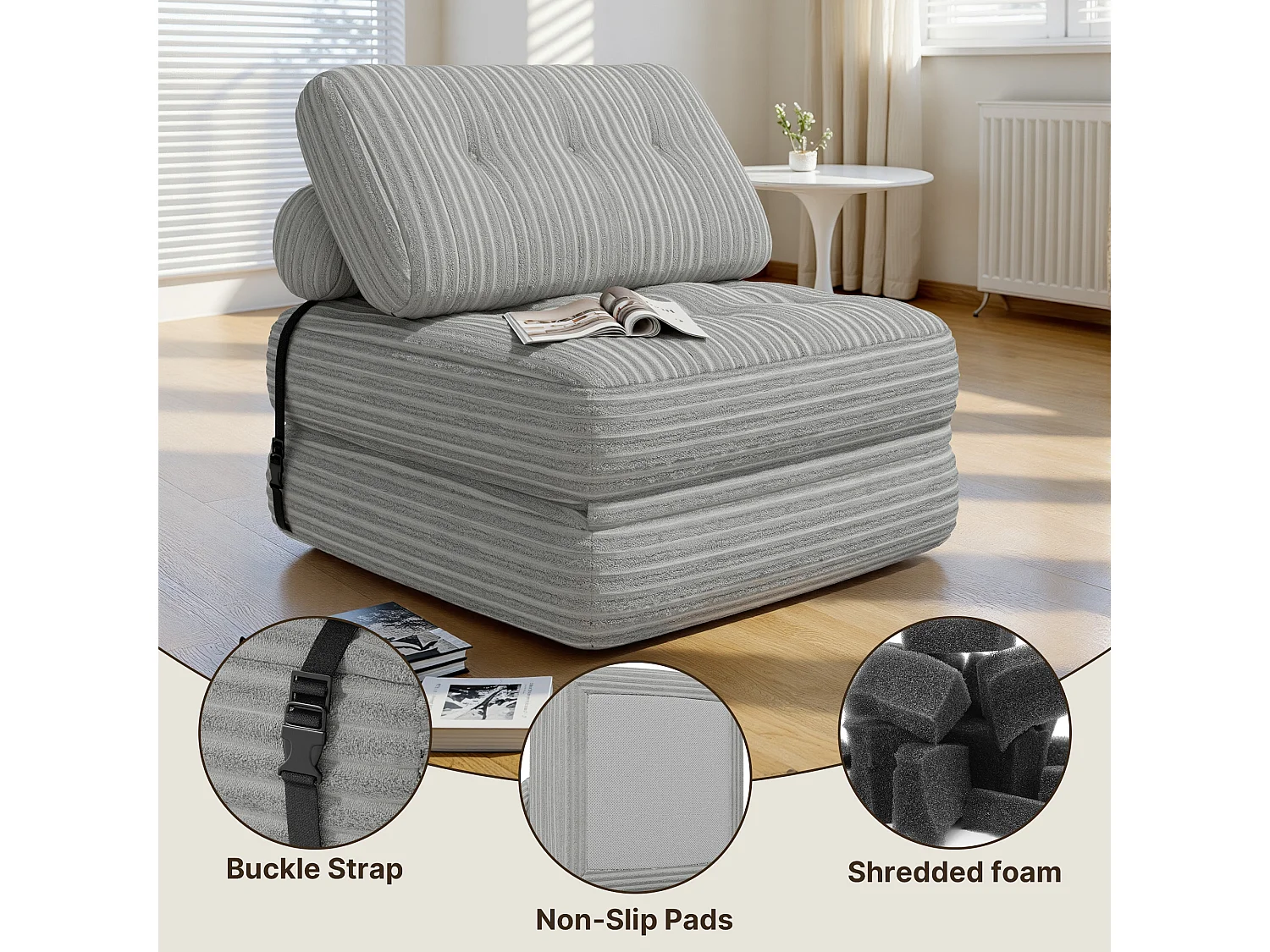 Canapé Convertible Fauteuil Lit 1 Place Dossier Sans Installation Gris clair Velours Côtelé 85x85cm