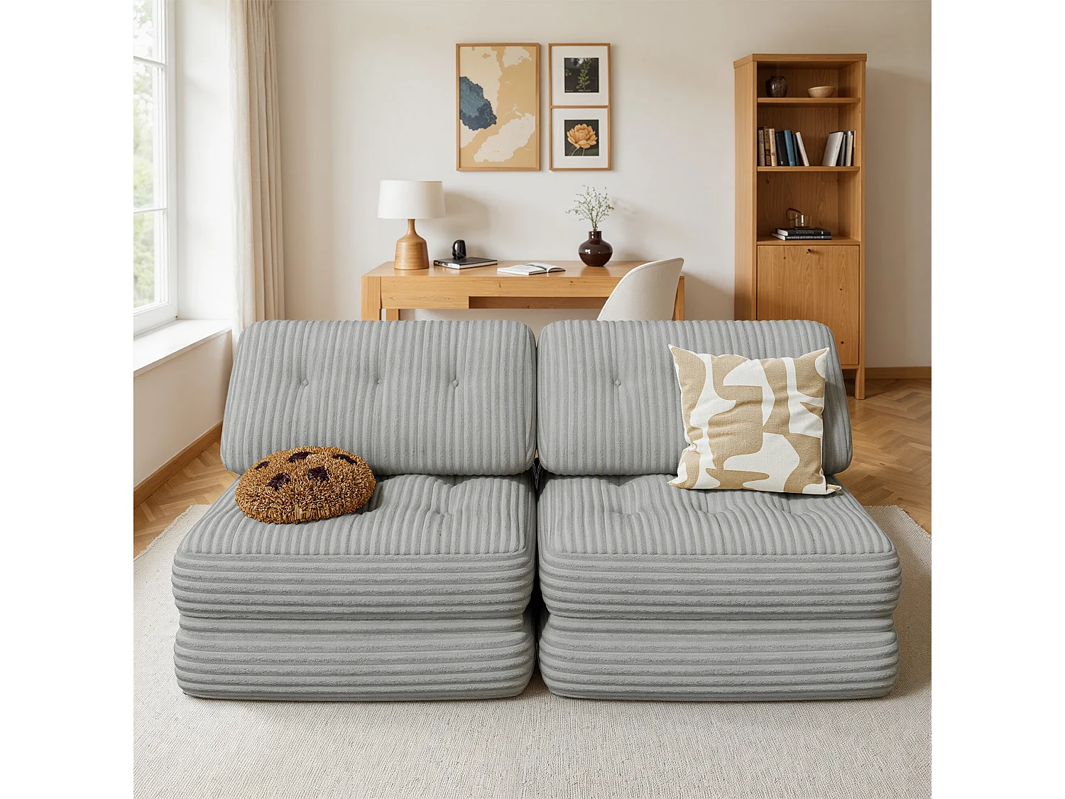 Canapé Convertible Fauteuil Lit 1 Place Dossier Sans Installation Gris clair Velours Côtelé 85x85cm