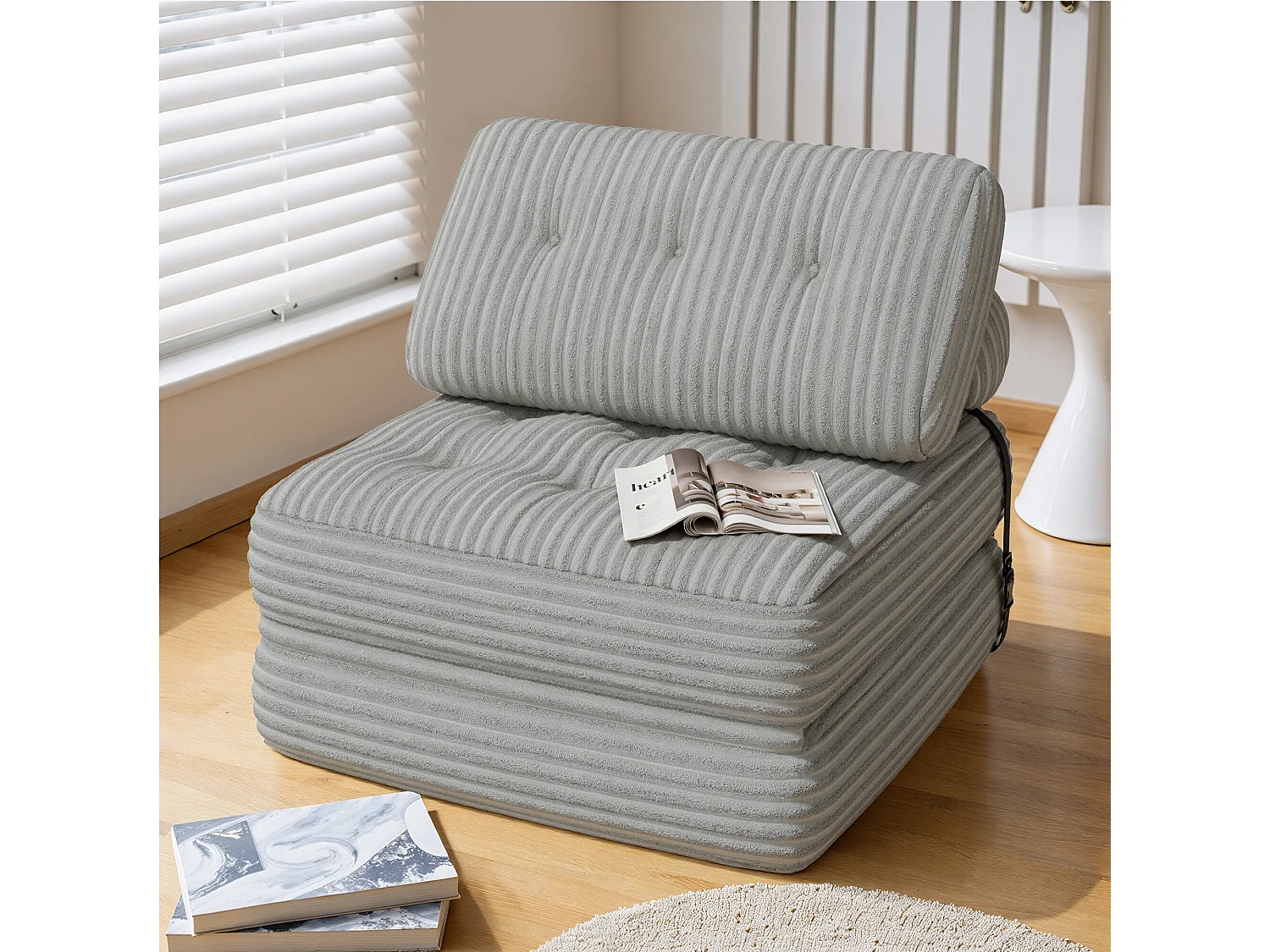 Canapé Convertible Fauteuil Lit 1 Place Dossier Sans Installation Gris clair Velours Côtelé 85x85cm