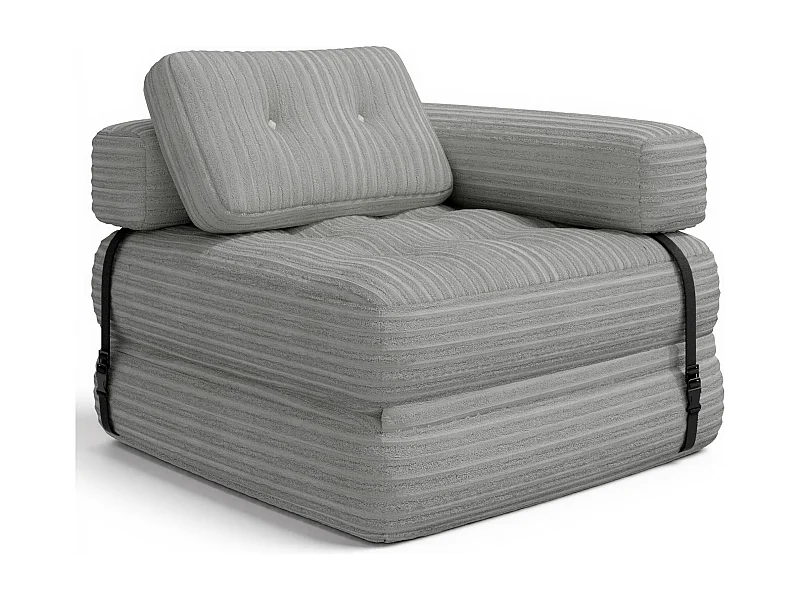 Convertibele L-vormige 1-persoons fauteuil-bed sofa in lichtgrijs kordfluweel met een lange kussen van 85 x 85 cm