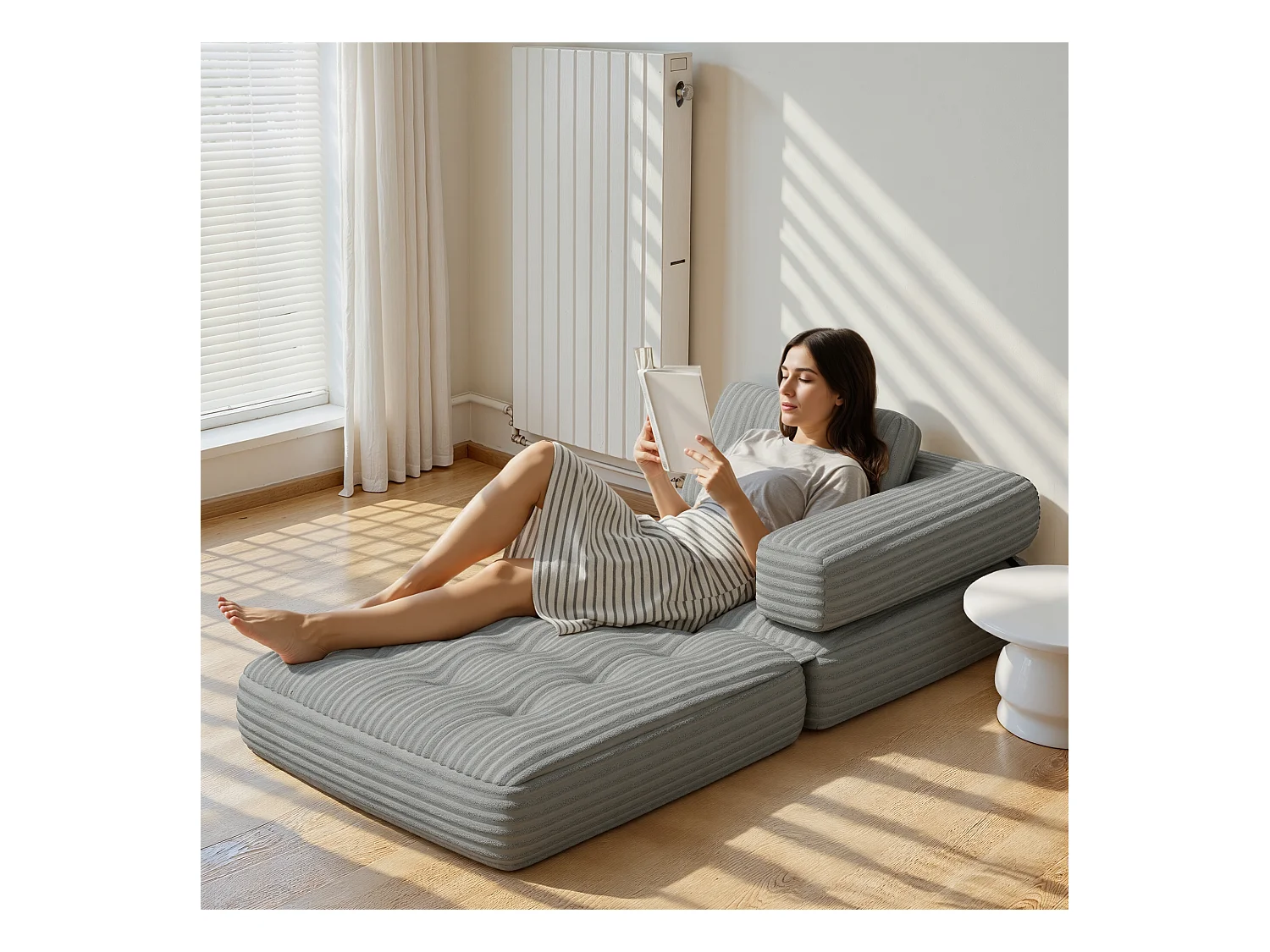 Canapé Convertible Fauteuil Lit 1 Place en L Gris clair Velours Côtelé Longue Coussin 85 x 85 cm