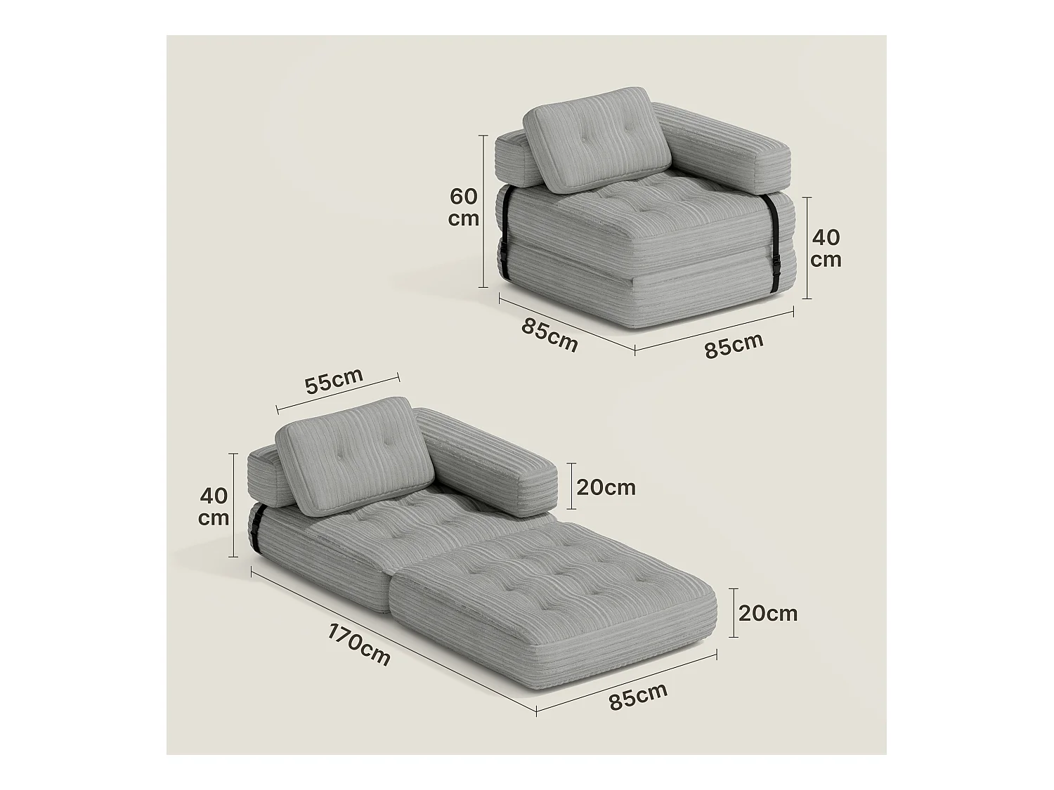 Canapé Convertible Fauteuil Lit 1 Place en L Gris clair Velours Côtelé Longue Coussin 85 x 85 cm
