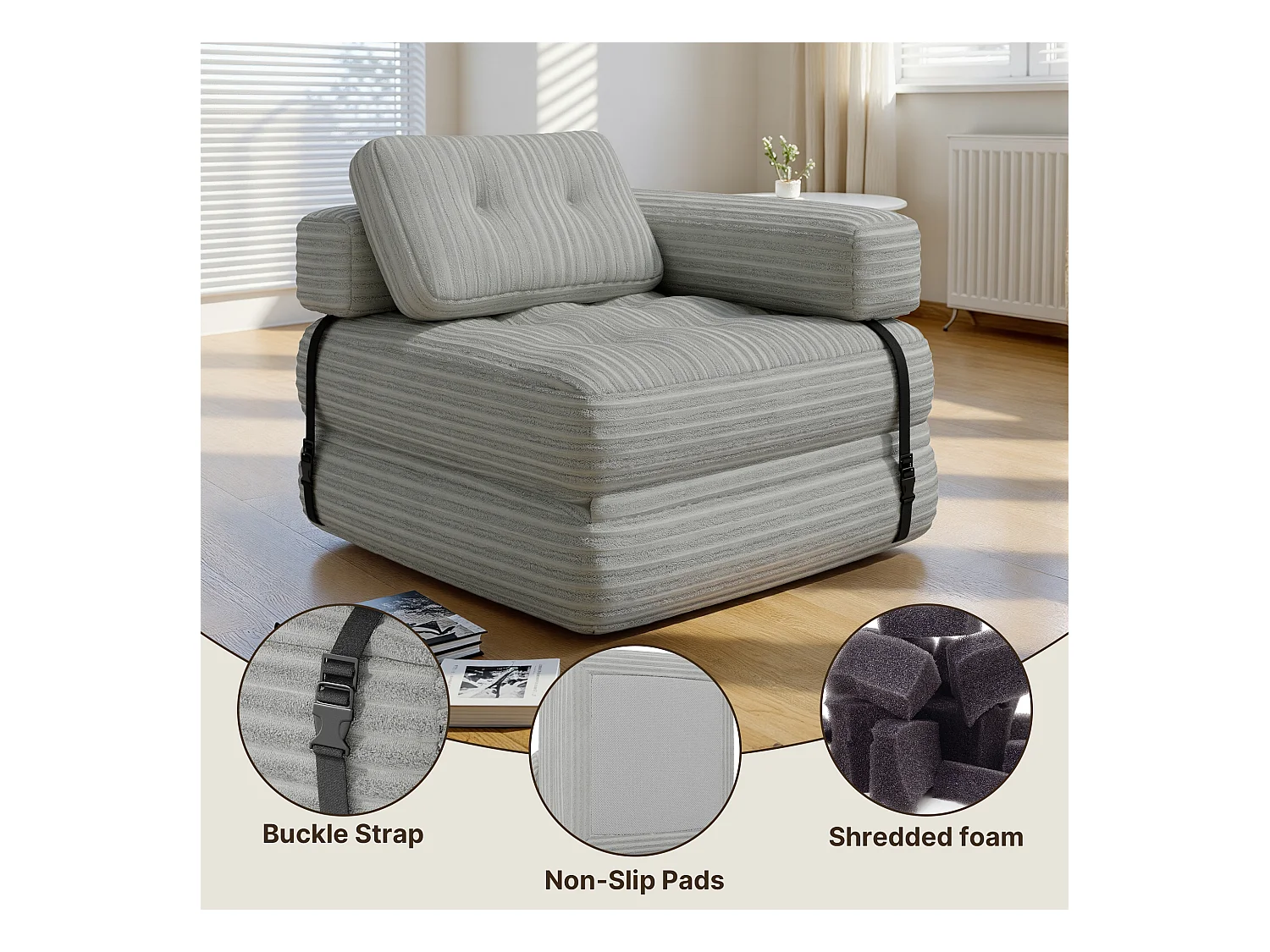 Canapé Convertible Fauteuil Lit 1 Place en L Gris clair Velours Côtelé Longue Coussin 85 x 85 cm