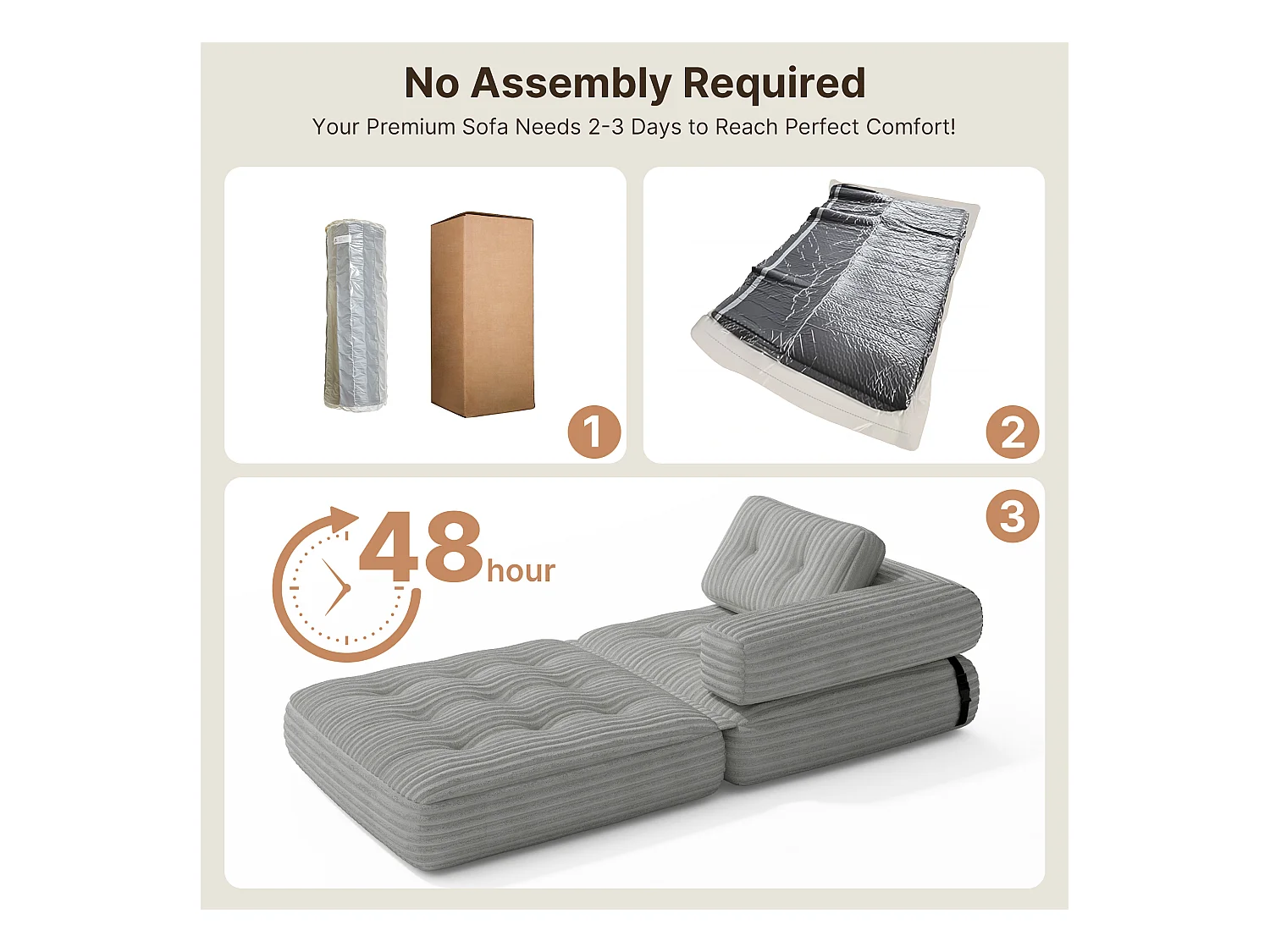 Canapé Convertible Fauteuil Lit 1 Place en L Gris clair Velours Côtelé Longue Coussin 85 x 85 cm