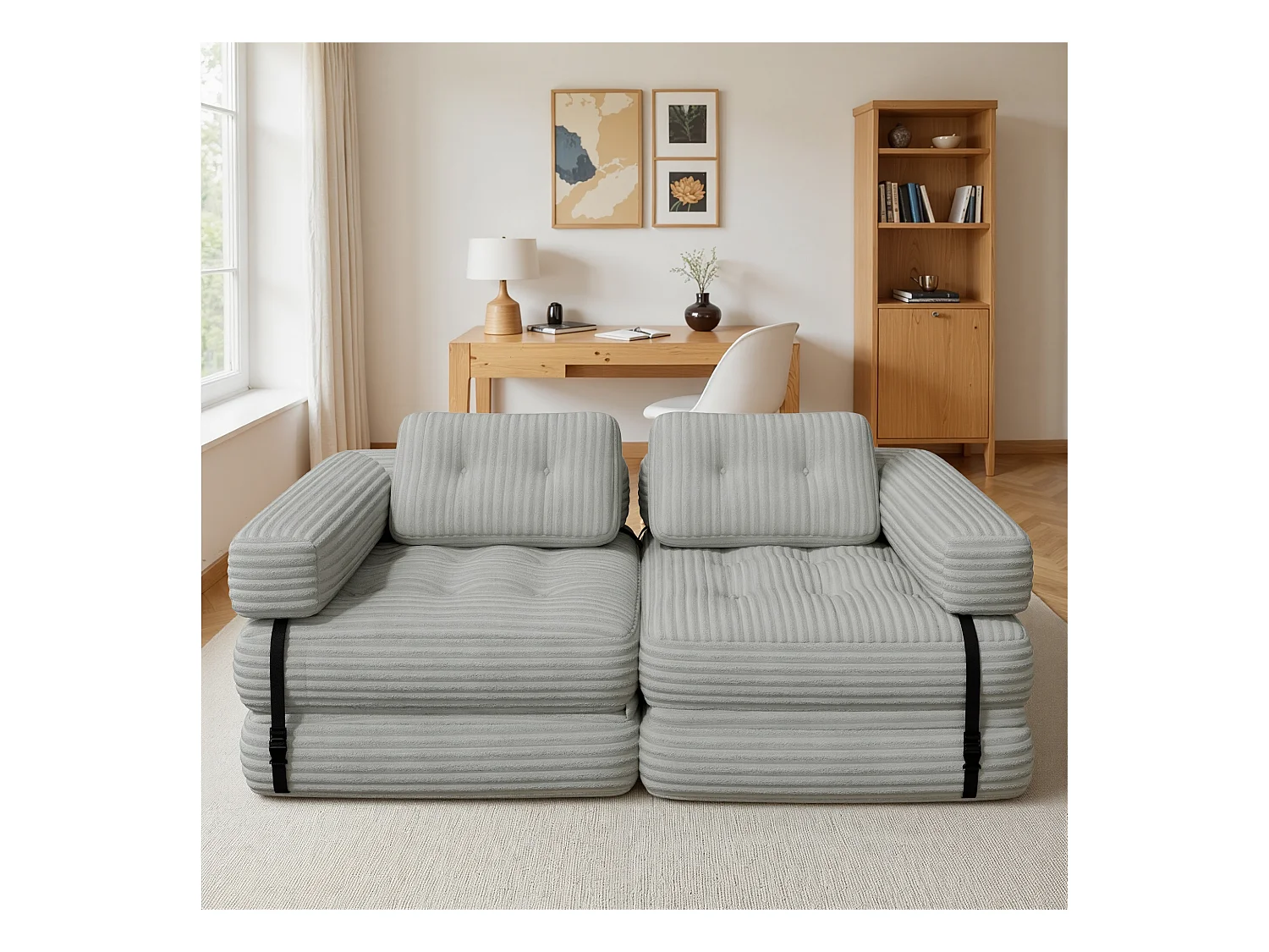 Canapé Convertible Fauteuil Lit 1 Place en L Gris clair Velours Côtelé Longue Coussin 85 x 85 cm