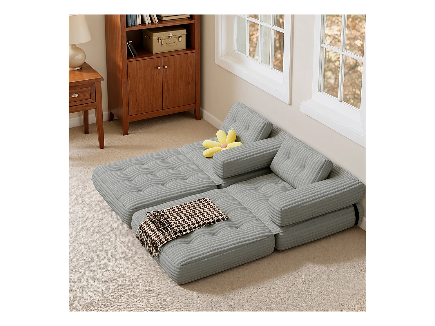 Canapé Convertible Fauteuil Lit 1 Place en L Gris clair Velours Côtelé Longue Coussin 85 x 85 cm