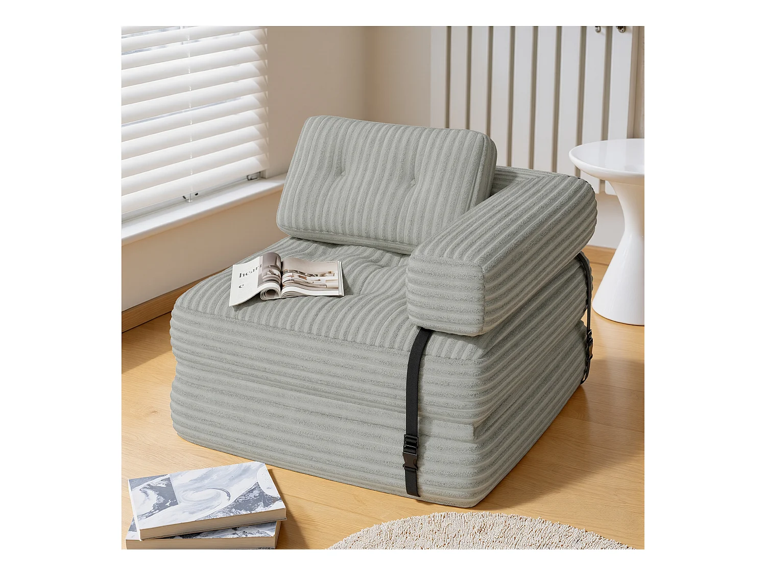 Canapé Convertible Fauteuil Lit 1 Place en L Gris clair Velours Côtelé Longue Coussin 85 x 85 cm