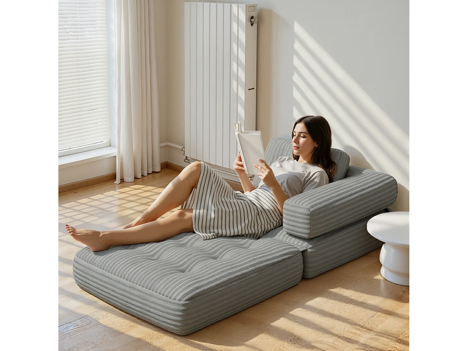 Canapé Convertible Fauteuil Lit 1 Place en L Gris clair Velours Côtelé Longue Coussin 85 x 85 cm