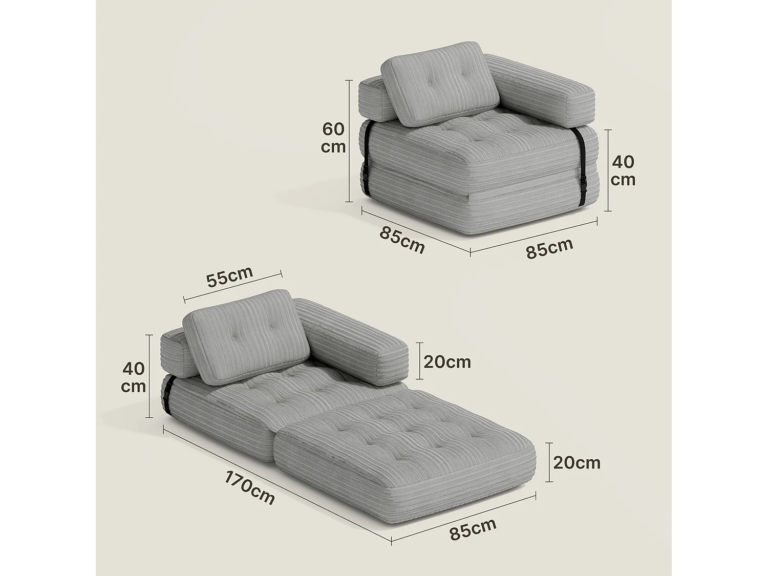 Canapé Convertible Fauteuil Lit 1 Place en L Gris clair Velours Côtelé Longue Coussin 85 x 85 cm
