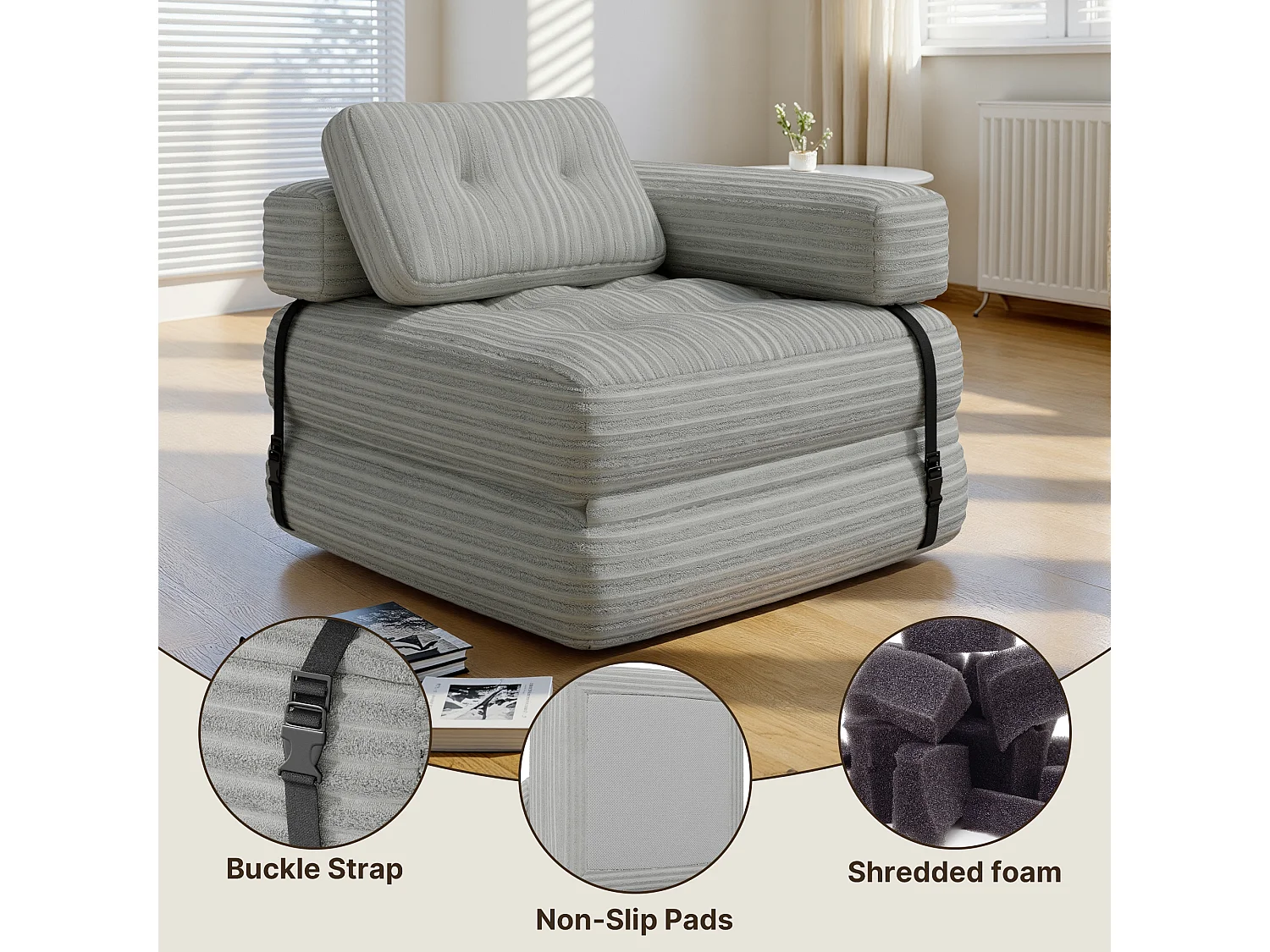 Canapé Convertible Fauteuil Lit 1 Place en L Gris clair Velours Côtelé Longue Coussin 85 x 85 cm