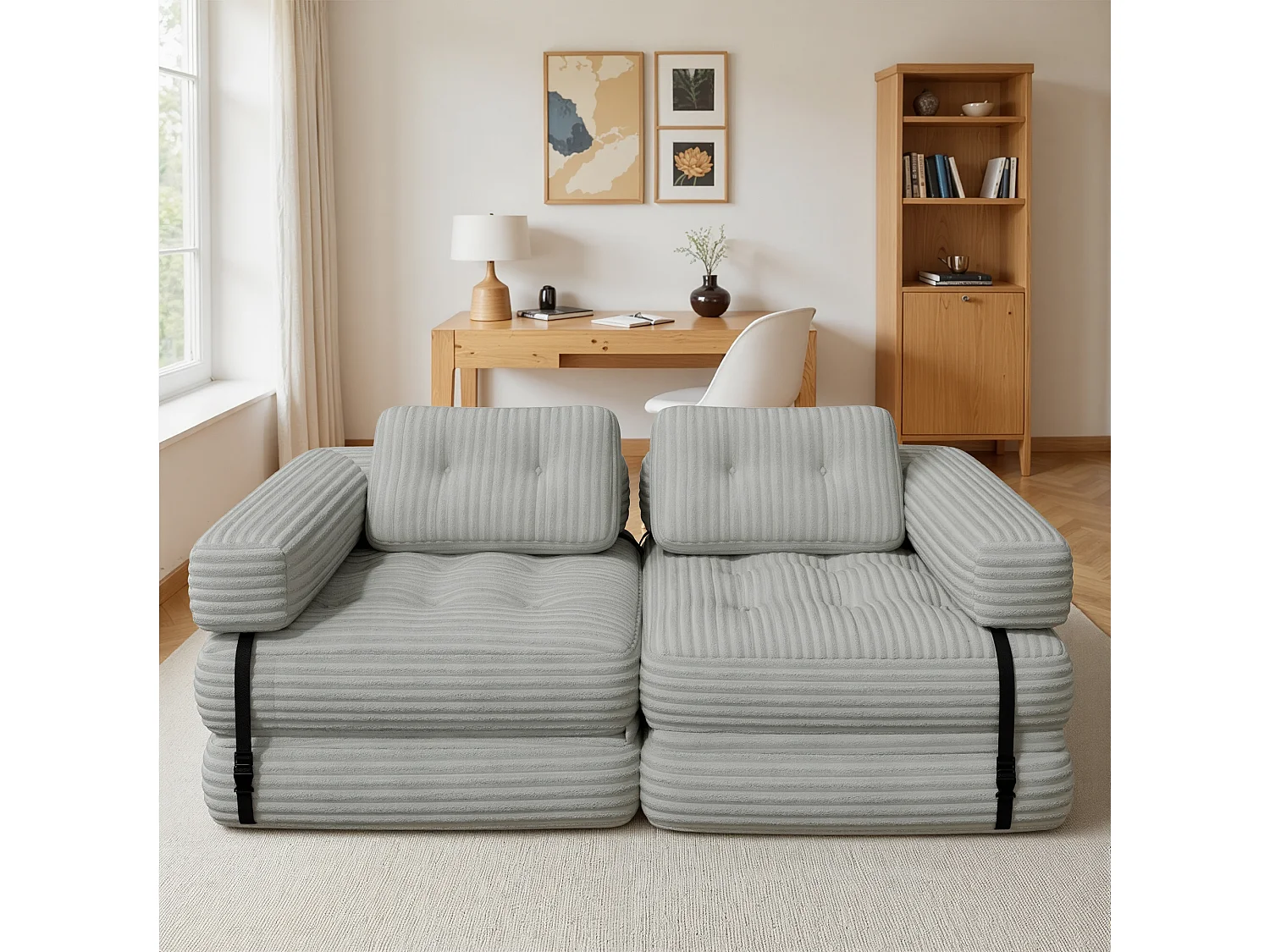 Canapé Convertible Fauteuil Lit 1 Place en L Gris clair Velours Côtelé Longue Coussin 85 x 85 cm