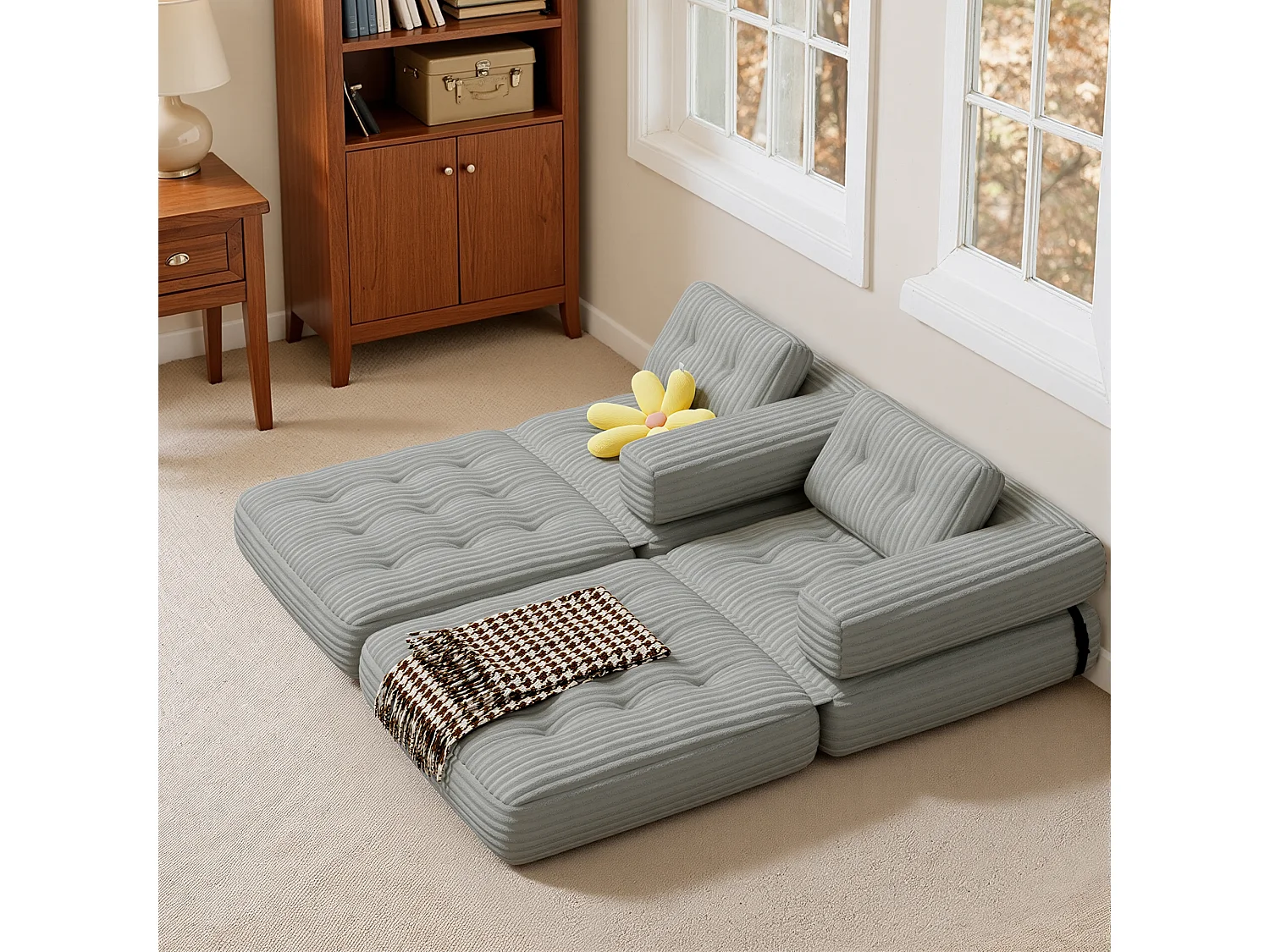 Canapé Convertible Fauteuil Lit 1 Place en L Gris clair Velours Côtelé Longue Coussin 85 x 85 cm