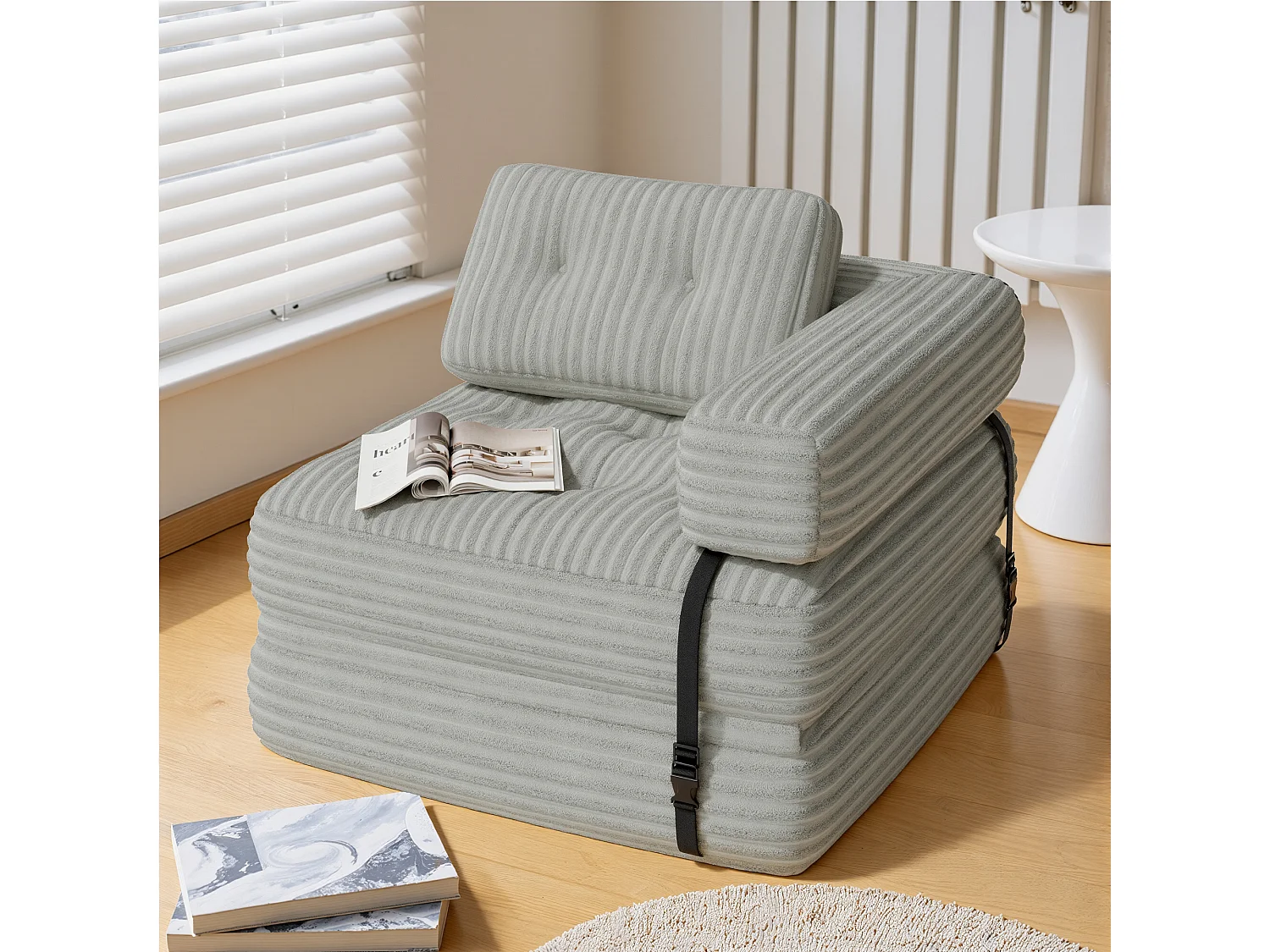 Canapé Convertible Fauteuil Lit 1 Place en L Gris clair Velours Côtelé Longue Coussin 85 x 85 cm