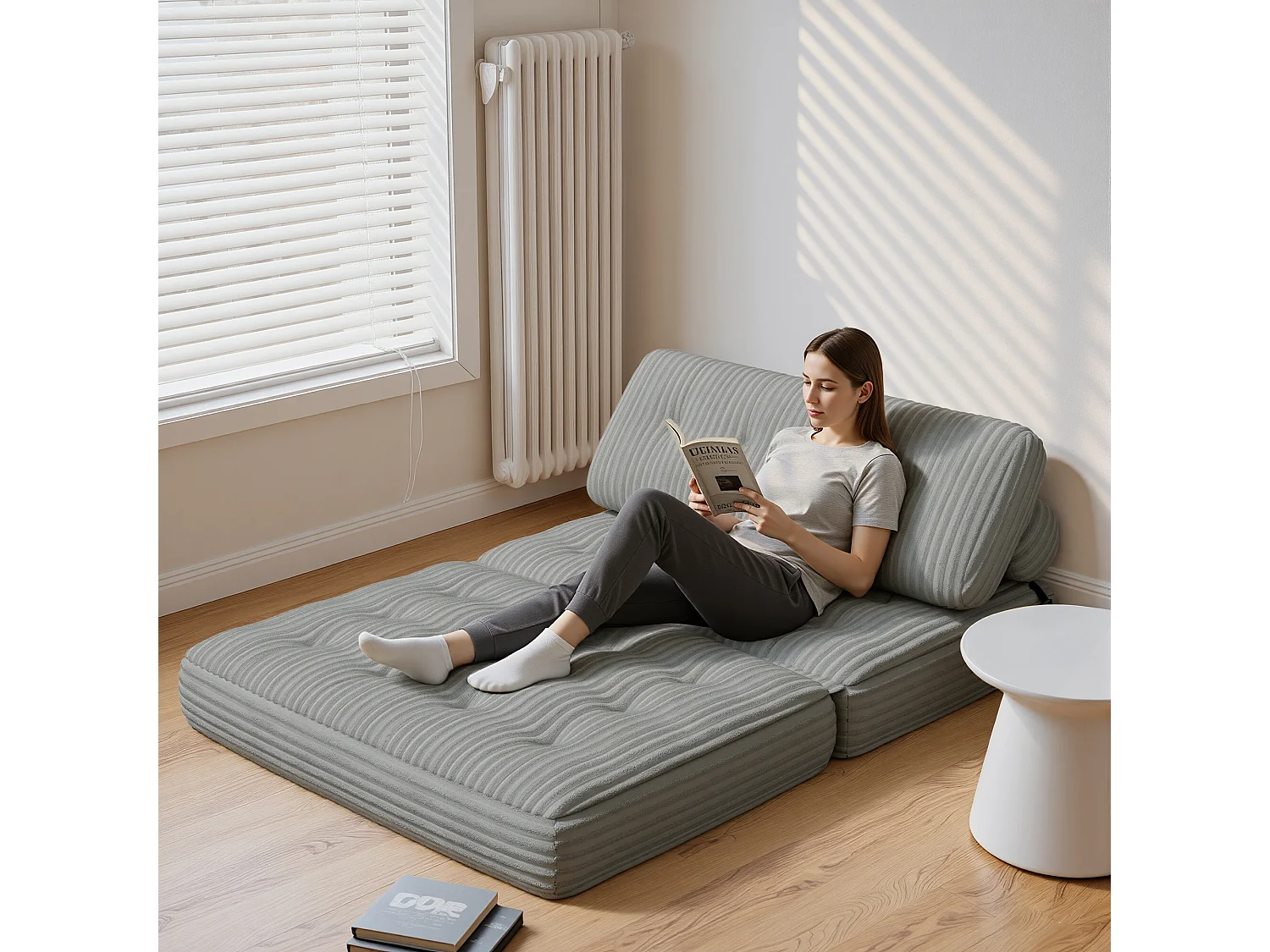 Canapé Convertible Fauteuil Lit 2 Place Dossier Gris clair Velours Côtelé  Longue Coussin 130x90cm