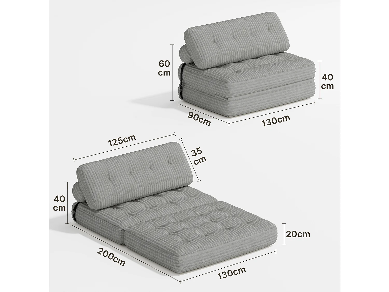 Canapé Convertible Fauteuil Lit 2 Place Dossier Gris clair Velours Côtelé  Longue Coussin 130x90cm