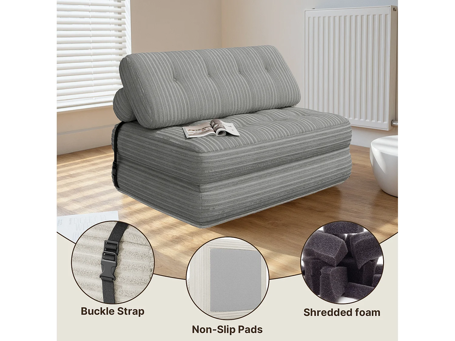 Canapé Convertible Fauteuil Lit 2 Place Dossier Gris clair Velours Côtelé  Longue Coussin 130x90cm