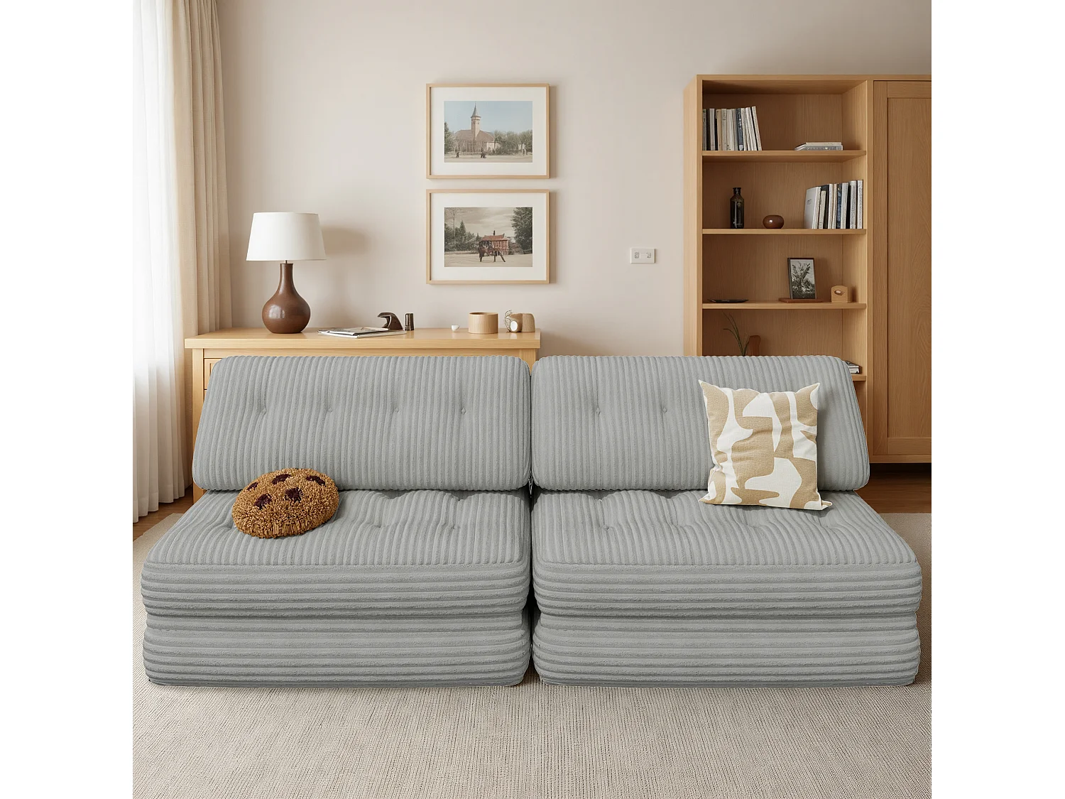 Canapé Convertible Fauteuil Lit 2 Place Dossier Gris clair Velours Côtelé  Longue Coussin 130x90cm