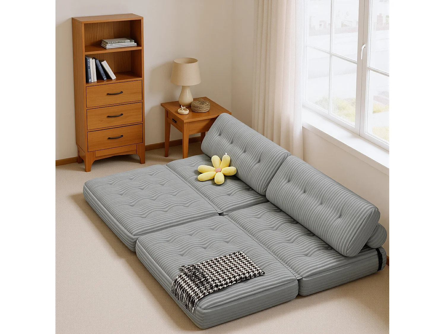 Canapé Convertible Fauteuil Lit 2 Place Dossier Gris clair Velours Côtelé  Longue Coussin 130x90cm