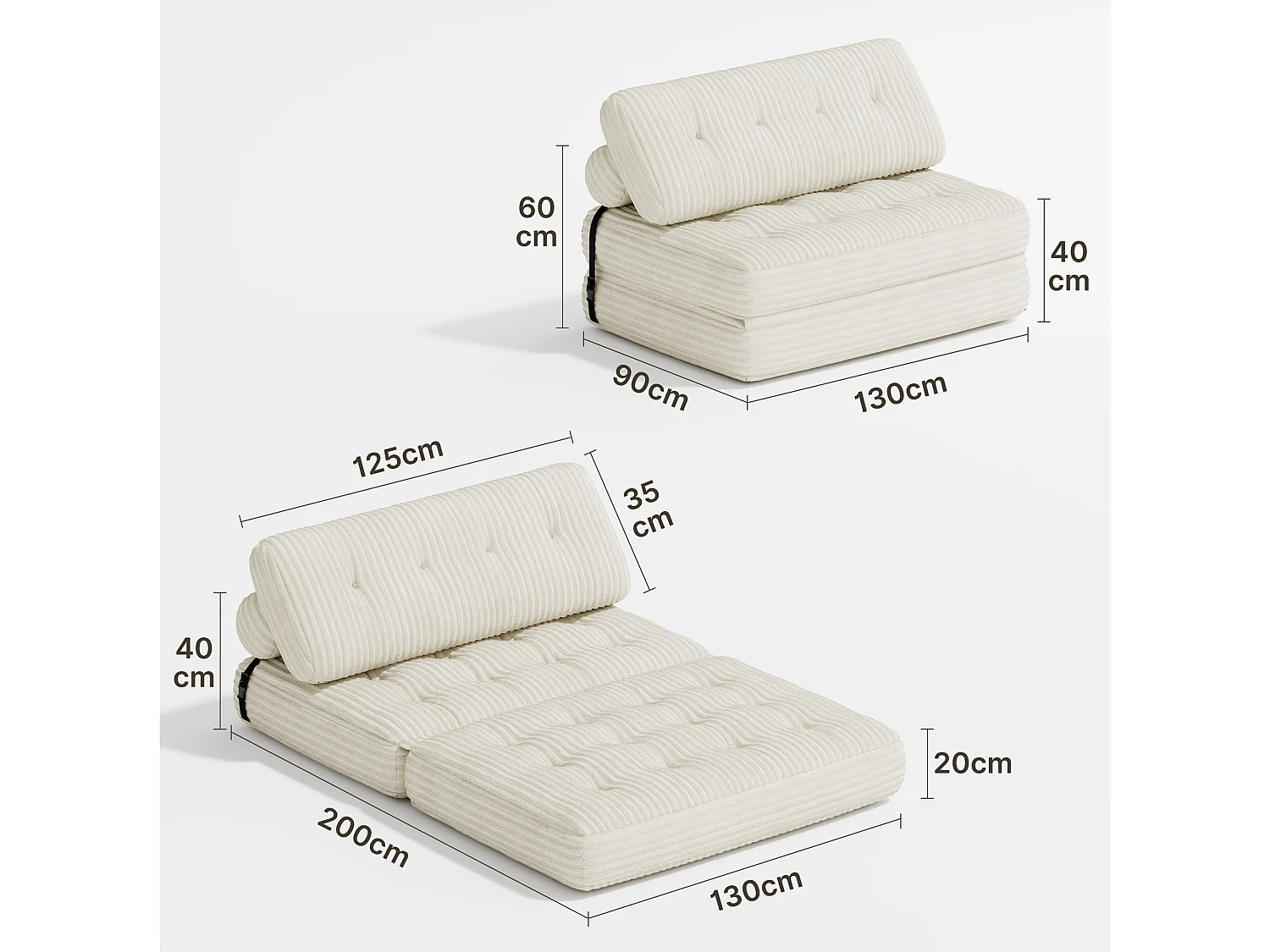 Canapé Convertible Fauteuil Lit 2 Place Dossier Blanc Velours Côtelé  Longue Coussin 130x90cm