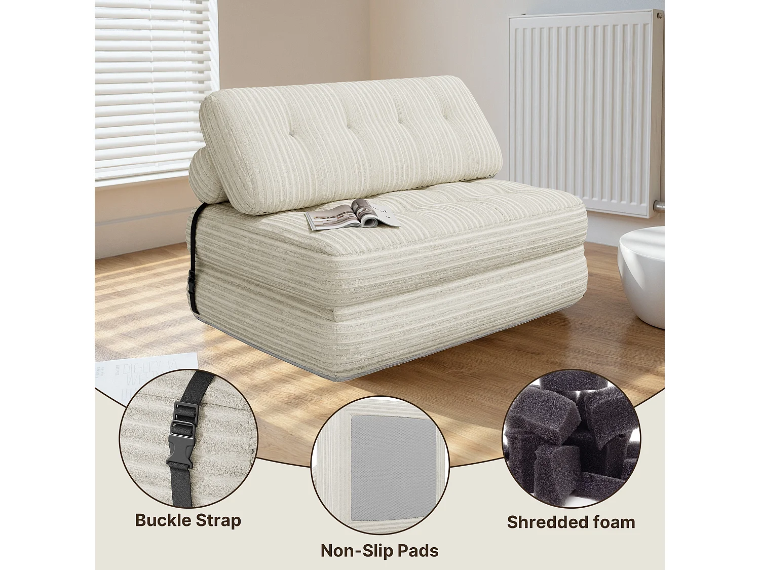 Canapé Convertible Fauteuil Lit 2 Place Dossier Blanc Velours Côtelé  Longue Coussin 130x90cm