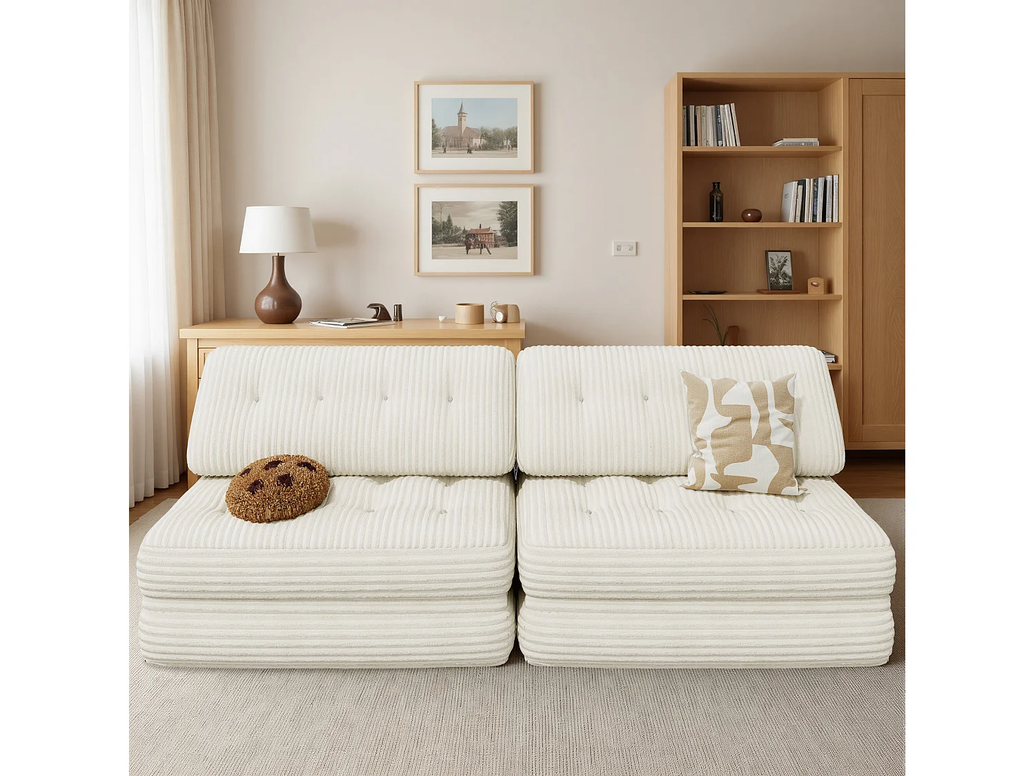 Canapé Convertible Fauteuil Lit 2 Place Dossier Blanc Velours Côtelé  Longue Coussin 130x90cm