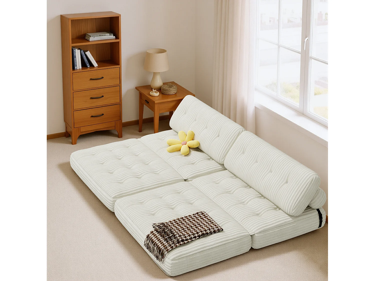 Canapé Convertible Fauteuil Lit 2 Place Dossier Blanc Velours Côtelé  Longue Coussin 130x90cm