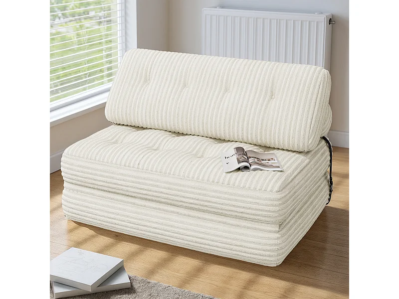 Canapé Convertible Fauteuil Lit 2 Place Dossier Blanc Velours Côtelé  Longue Coussin 130x90cm