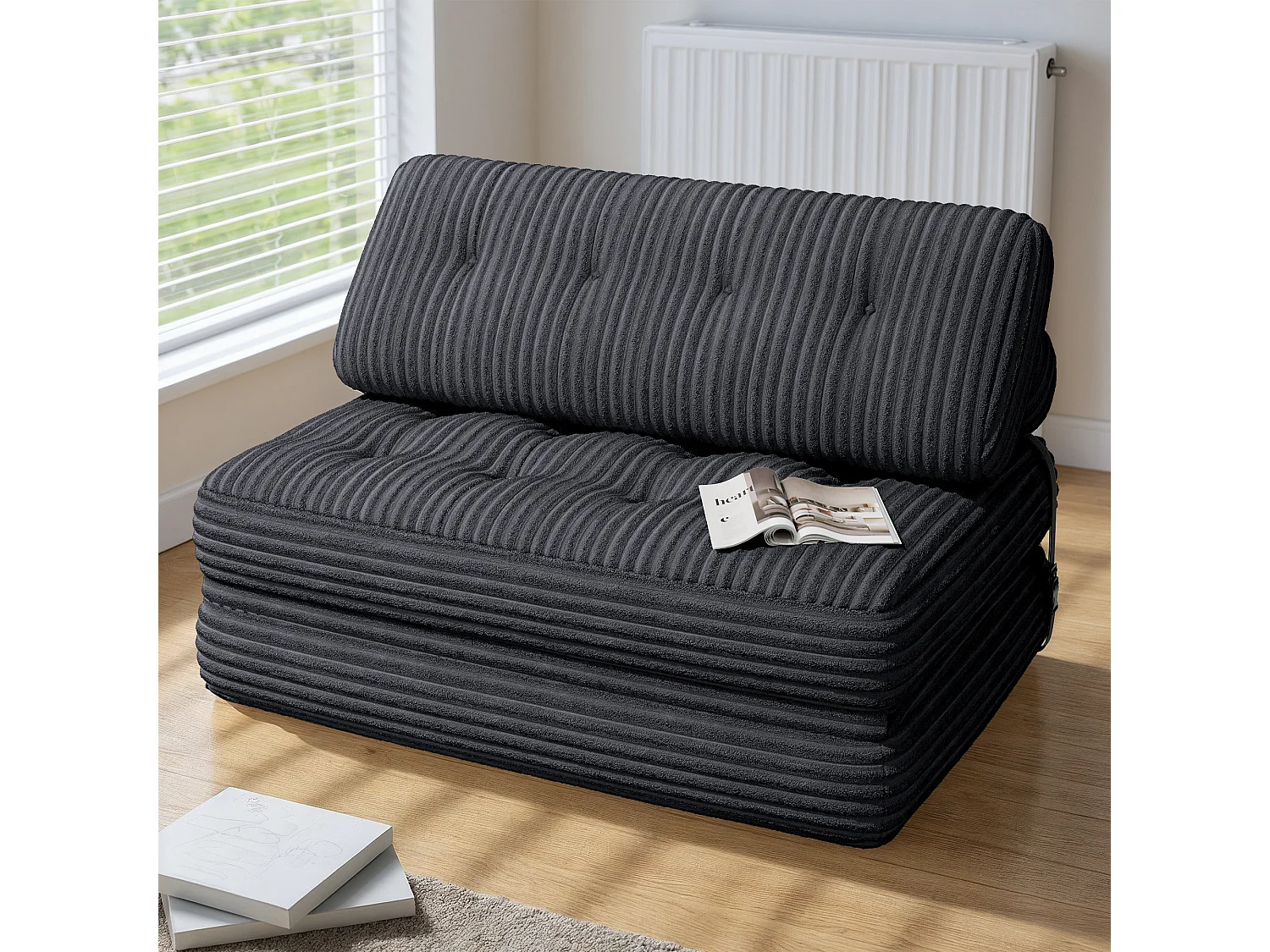 Canapé Convertible Fauteuil Lit 2 Place Dossier Gris foncé Velours Côtelé  Longue Coussin 130x90cm