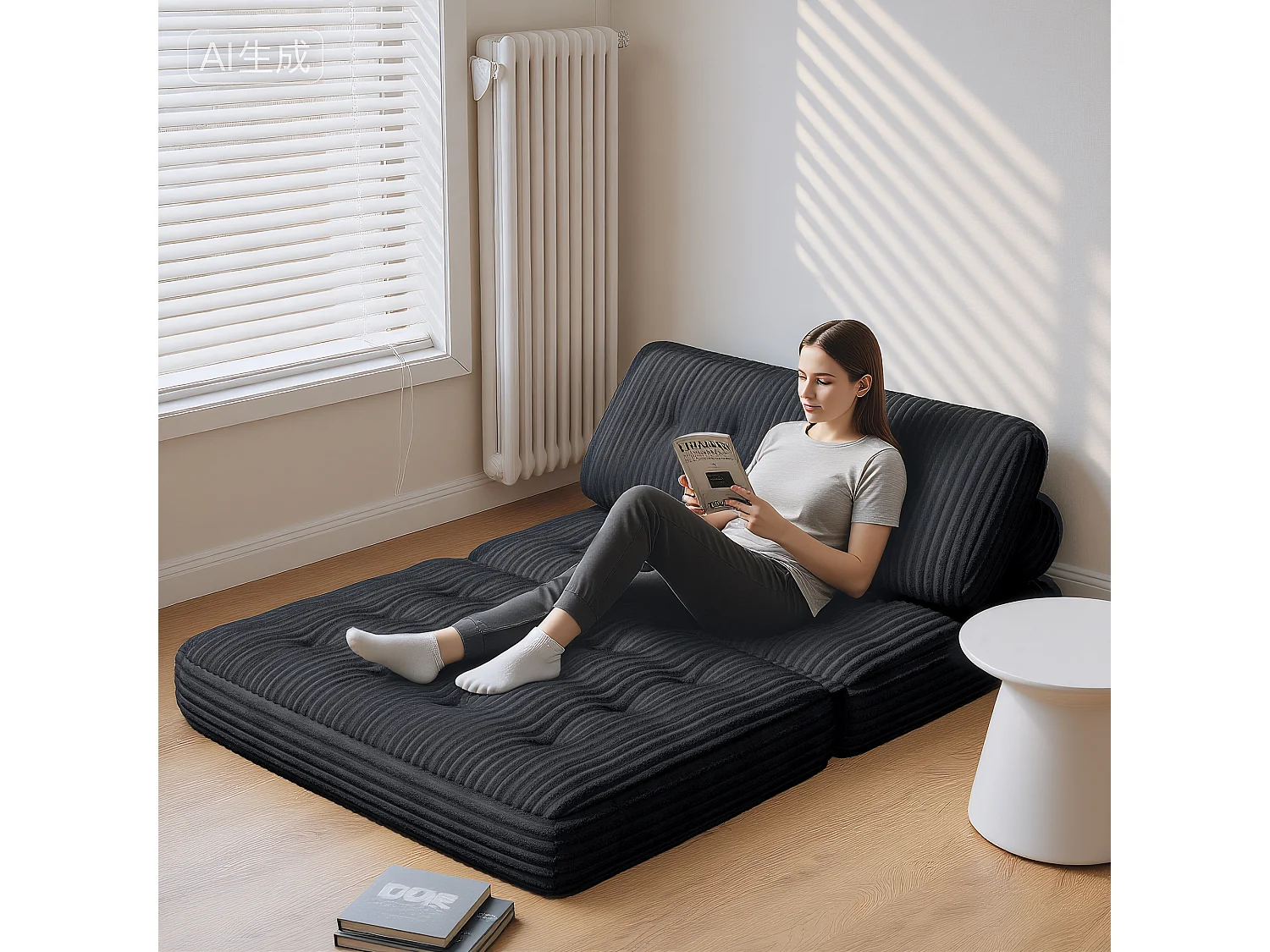 Canapé Convertible Fauteuil Lit 2 Place Dossier Gris foncé Velours Côtelé  Longue Coussin 130x90cm