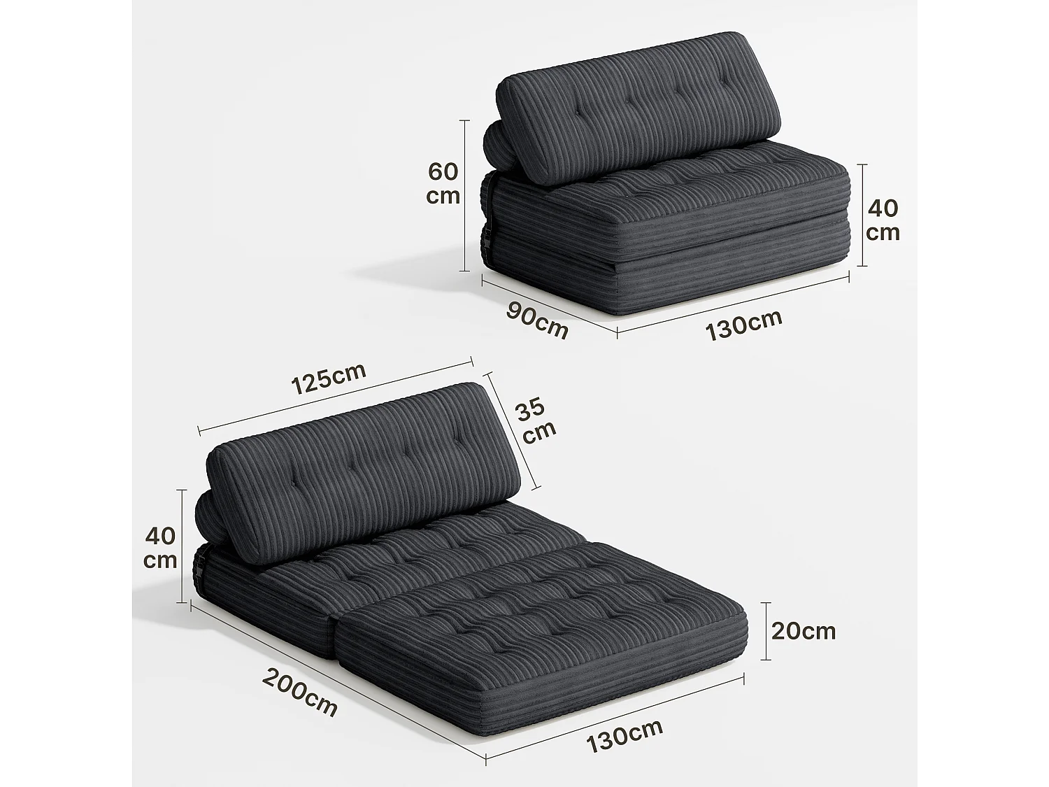 Canapé Convertible Fauteuil Lit 2 Place Dossier Gris foncé Velours Côtelé  Longue Coussin 130x90cm