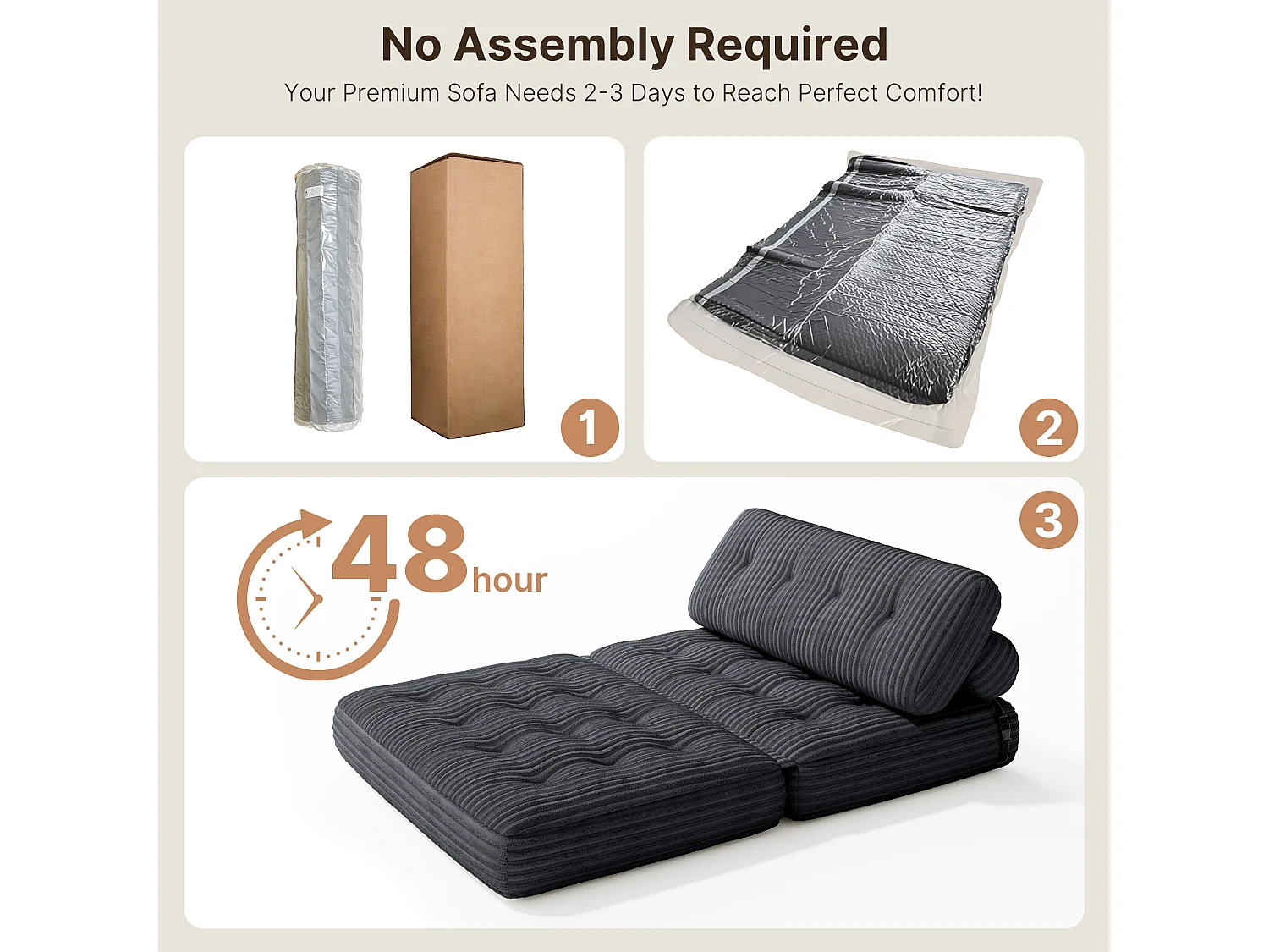 Canapé Convertible Fauteuil Lit 2 Place Dossier Gris foncé Velours Côtelé  Longue Coussin 130x90cm