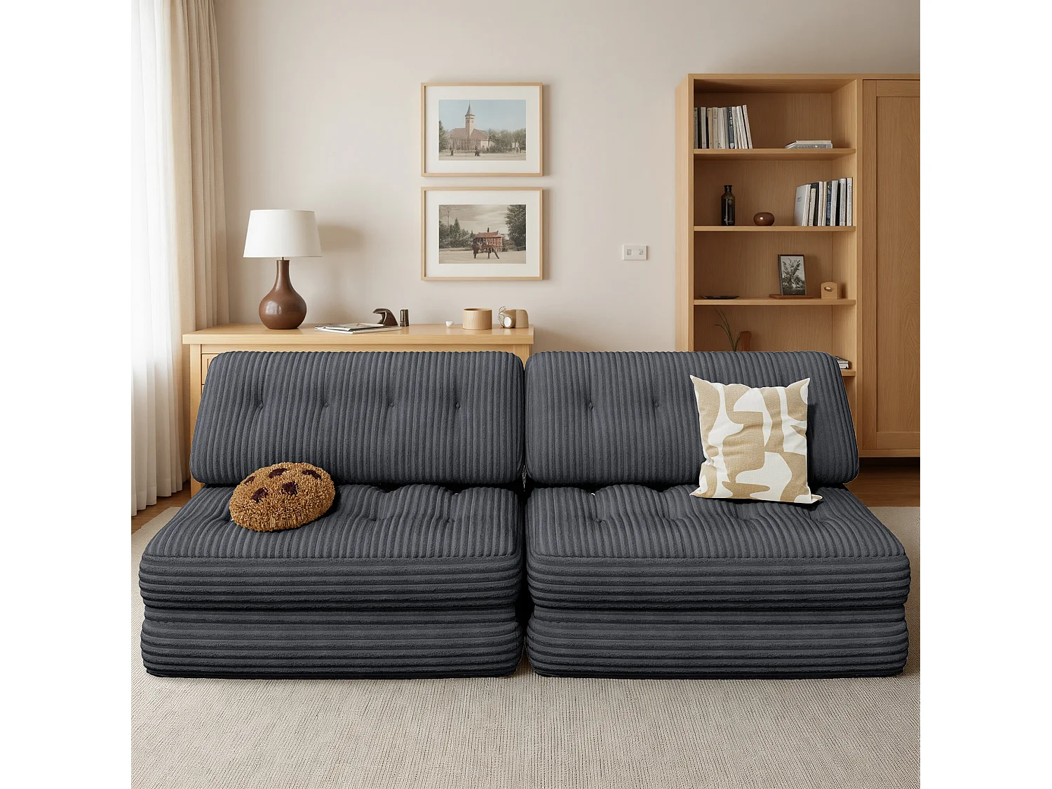 Canapé Convertible Fauteuil Lit 2 Place Dossier Gris foncé Velours Côtelé  Longue Coussin 130x90cm