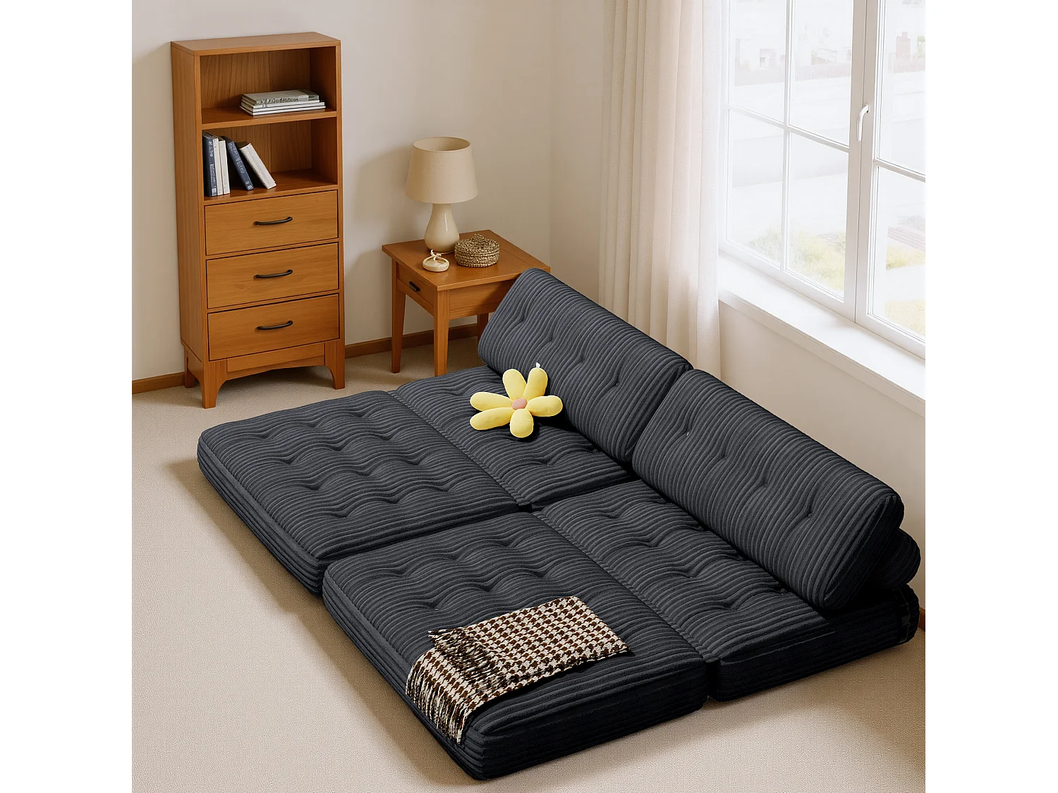 Canapé Convertible Fauteuil Lit 2 Place Dossier Gris foncé Velours Côtelé  Longue Coussin 130x90cm