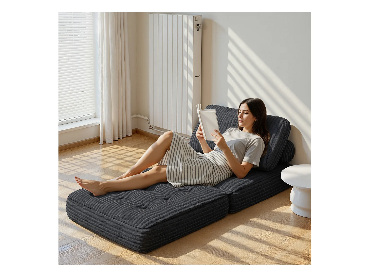 Canapé Convertible Fauteuil Lit 1 Place Dossier Sans Installation Gris foncé Velours Côtelé 85x85cm