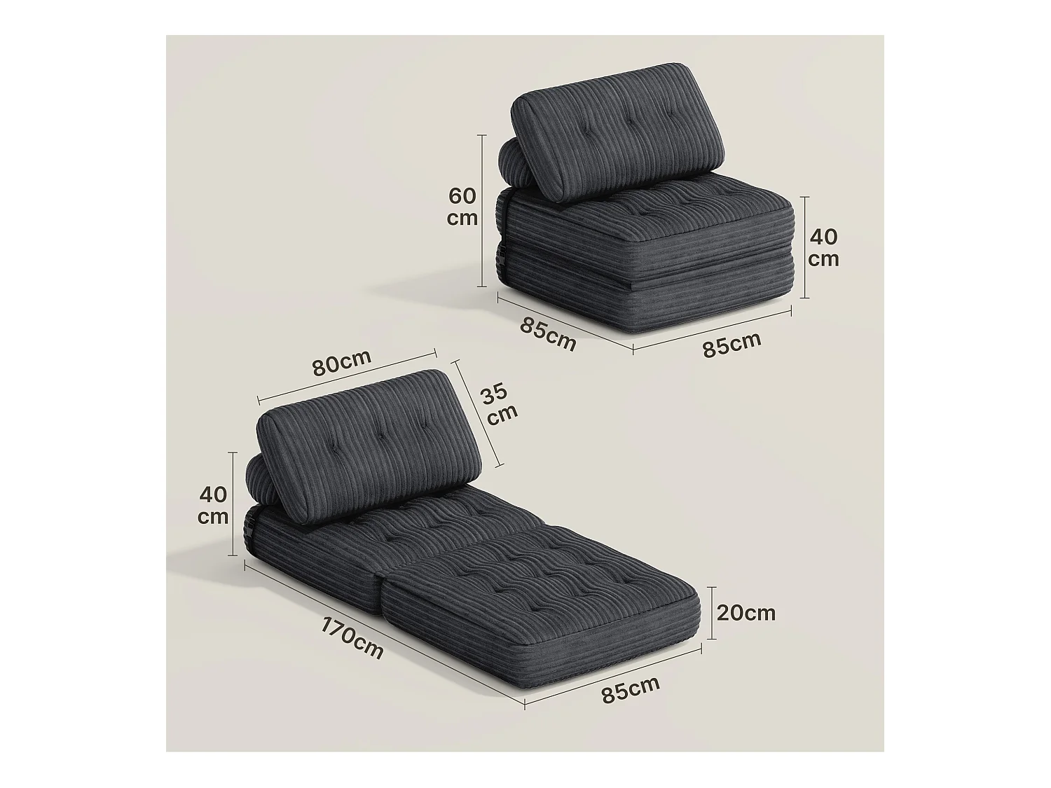 Canapé Convertible Fauteuil Lit 1 Place Dossier Sans Installation Gris foncé Velours Côtelé 85x85cm