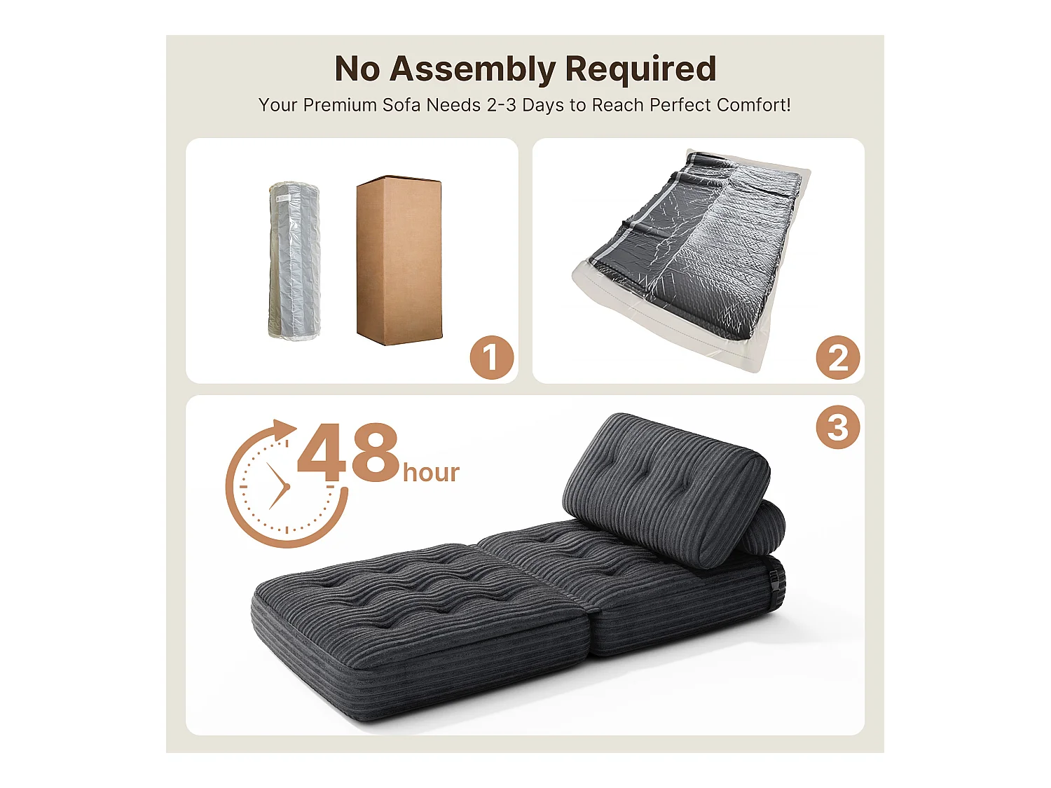 Canapé Convertible Fauteuil Lit 1 Place Dossier Sans Installation Gris foncé Velours Côtelé 85x85cm