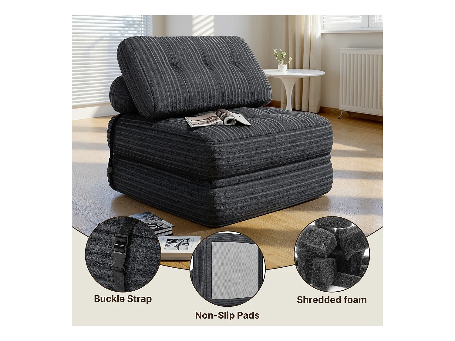 Canapé Convertible Fauteuil Lit 1 Place Dossier Sans Installation Gris foncé Velours Côtelé 85x85cm