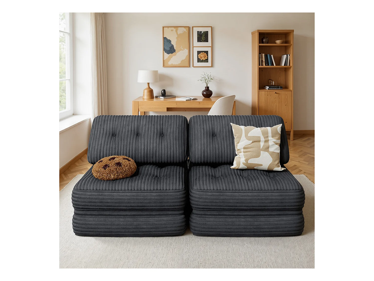 Canapé Convertible Fauteuil Lit 1 Place Dossier Sans Installation Gris foncé Velours Côtelé 85x85cm